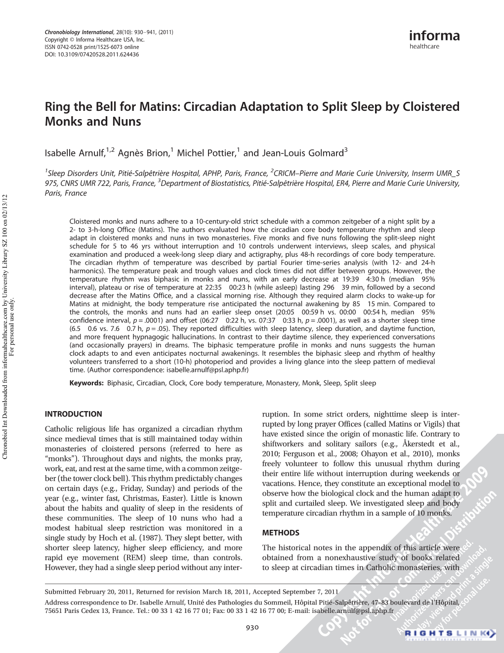 Circadian Adaptation to Split Sleep by Cloistered Monks and Nuns