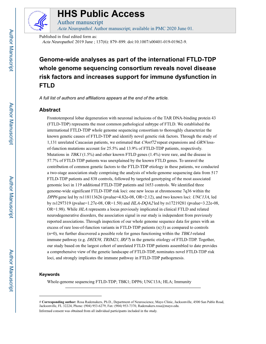 Genome-Wide Analyses As Part of the International FTLD-TDP Whole