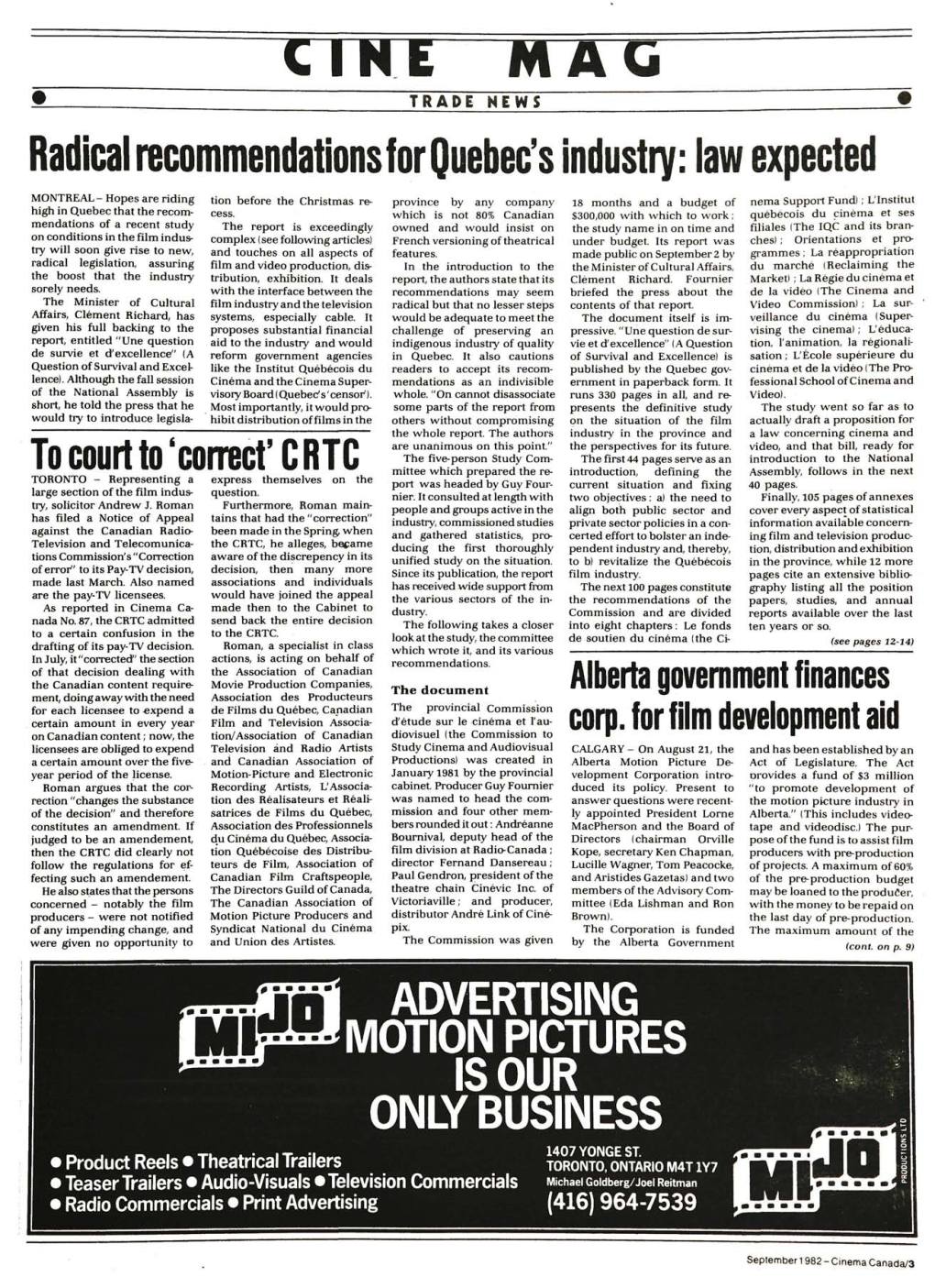 CINE MAG TRADE NEWS Radical Recommendationsf Or Quebec's Industry: Law Expected