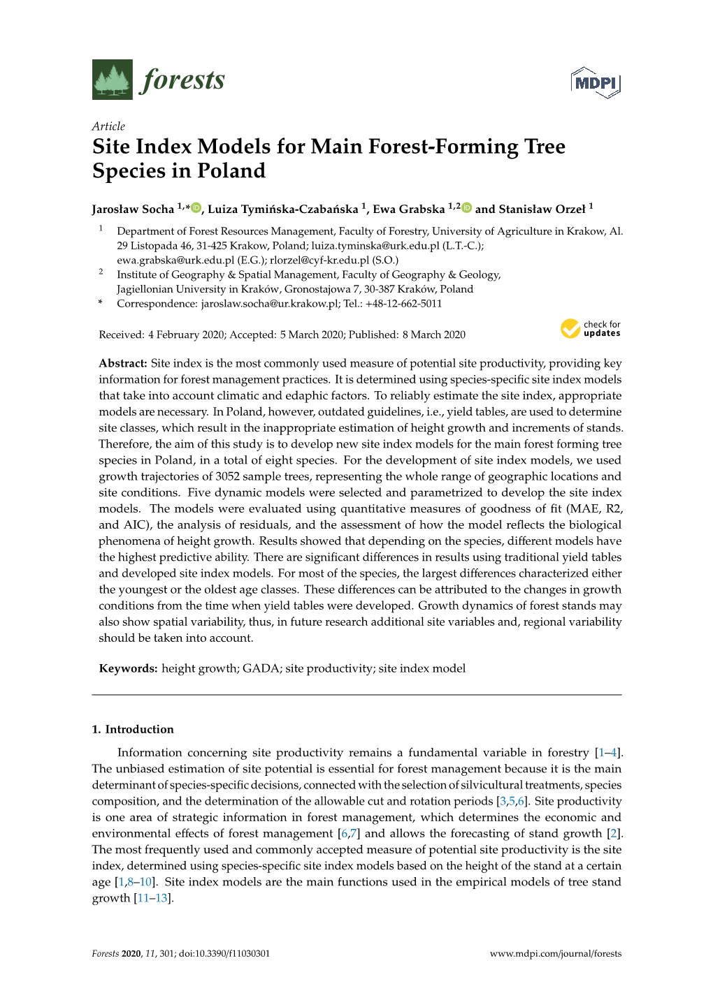 Site Index Models for Main Forest-Forming Tree Species in Poland