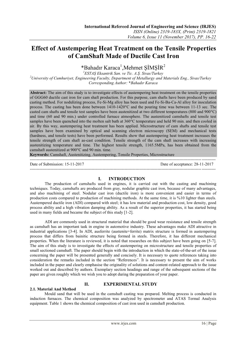 Effect of Austempering Heat Treatment on the Tensile Properties of Camshaft Made of Ductile Cast Iron