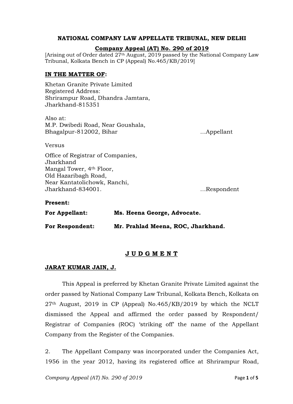 (AT) No. 290 of 2019 [Arising out of Order Dated 27Th August, 2019 Passed by the National Company Law Tribunal, Kolkata Bench in CP (Appeal) No.465/KB/2019]