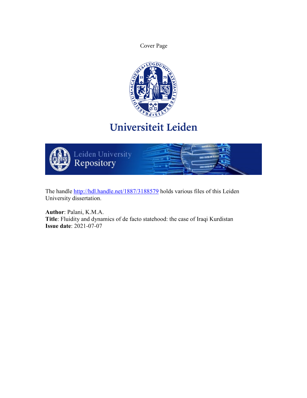 Cover Page the Handle Holds Various Files of This Leiden University Dissertation. Author