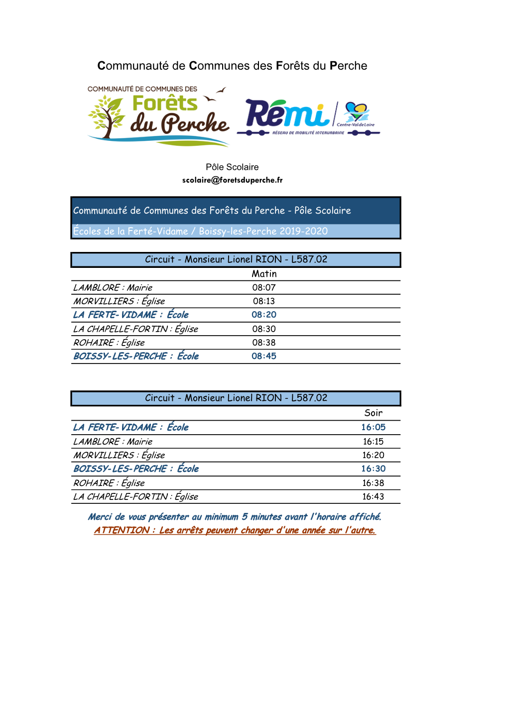 Horaires 2019-2020