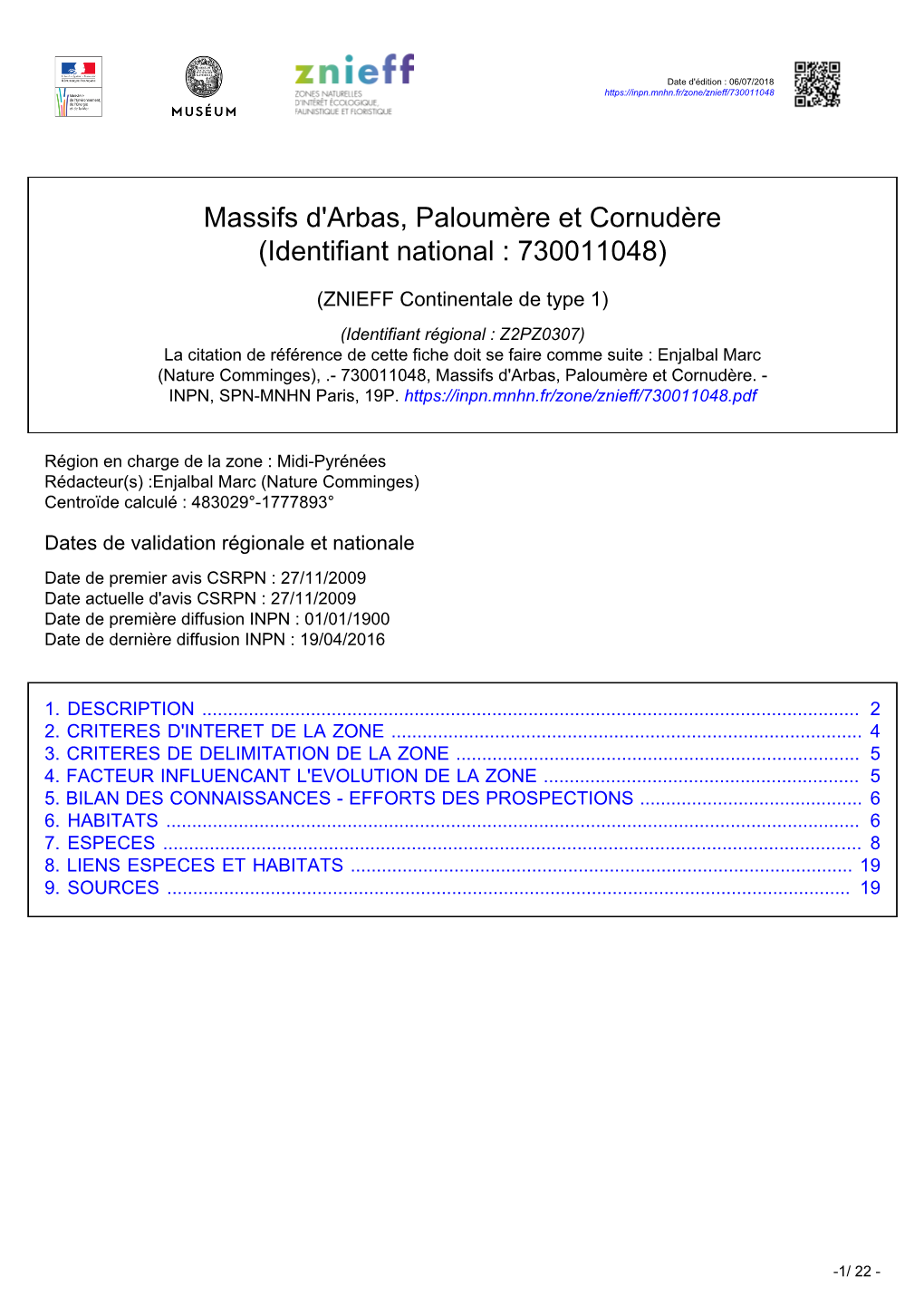 Massifs D'arbas, Paloumère Et Cornudère (Identifiant National : 730011048)