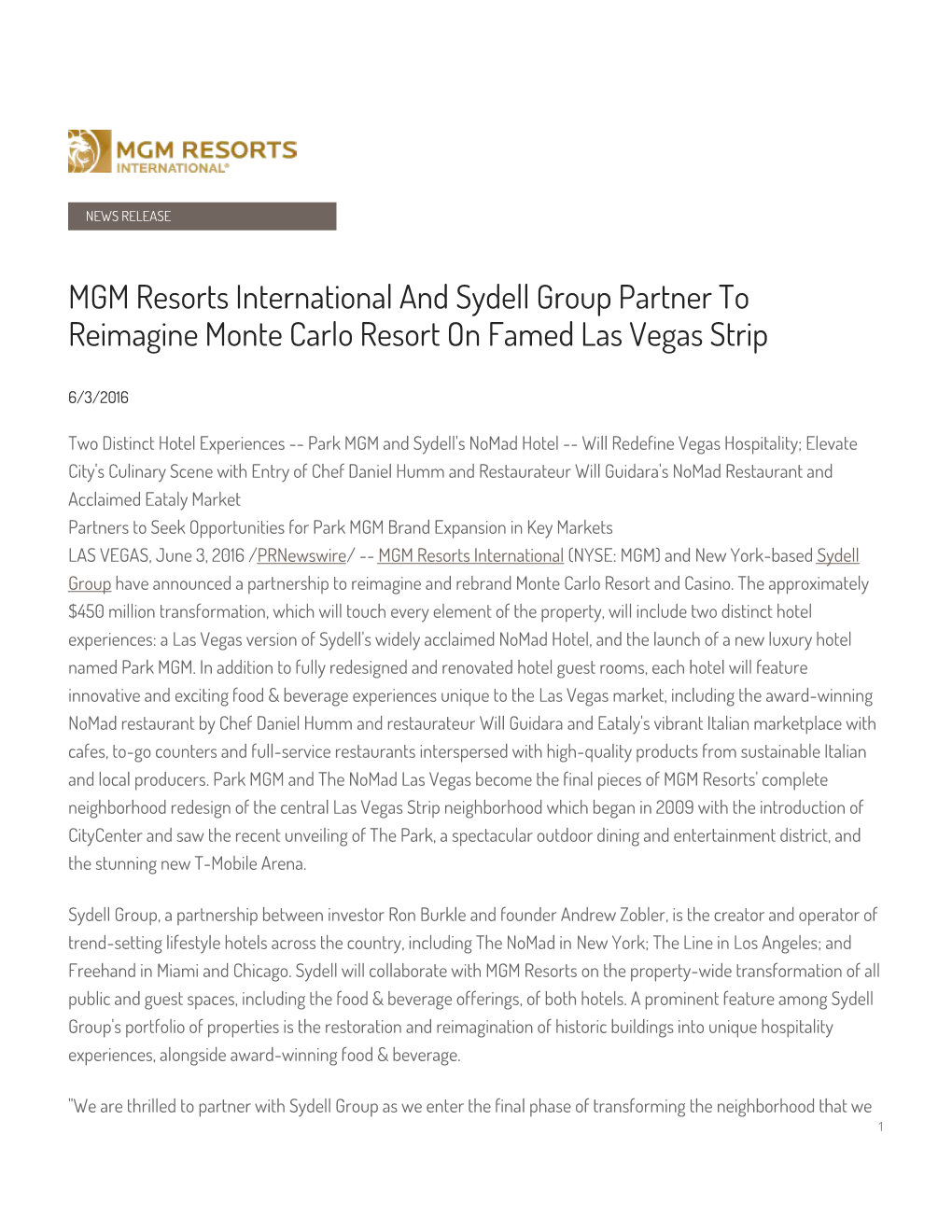 MGM Resorts International and Sydell Group Partner to Reimagine Monte Carlo Resort on Famed Las Vegas Strip