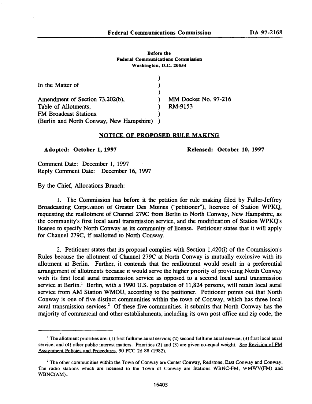 MM Docket No. 97-216 Table of Allotments, ) RM-9153 FM Broadcast Stations