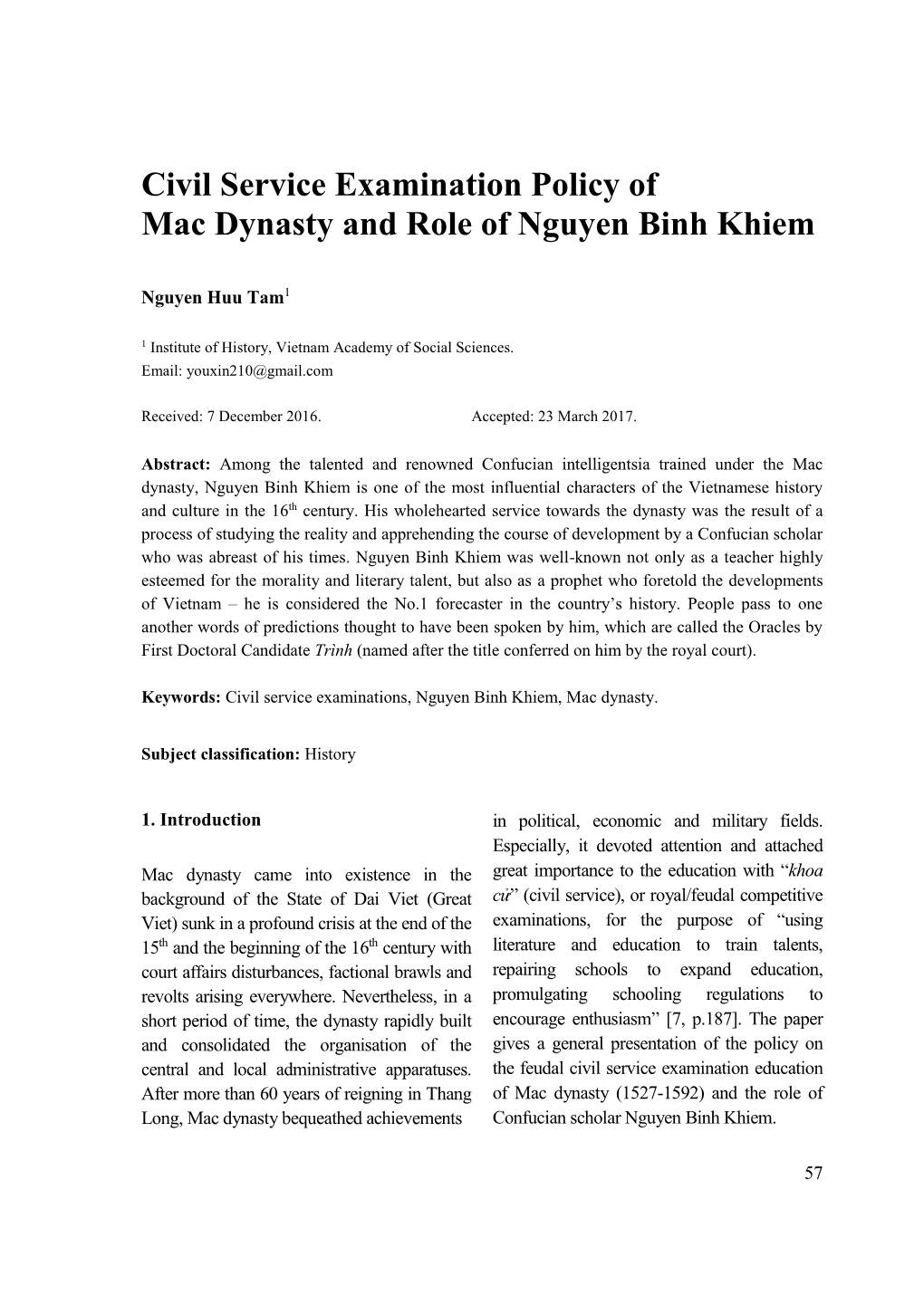 Civil Service Examination Policy of Mac Dynasty and Role of Nguyen Binh Khiem