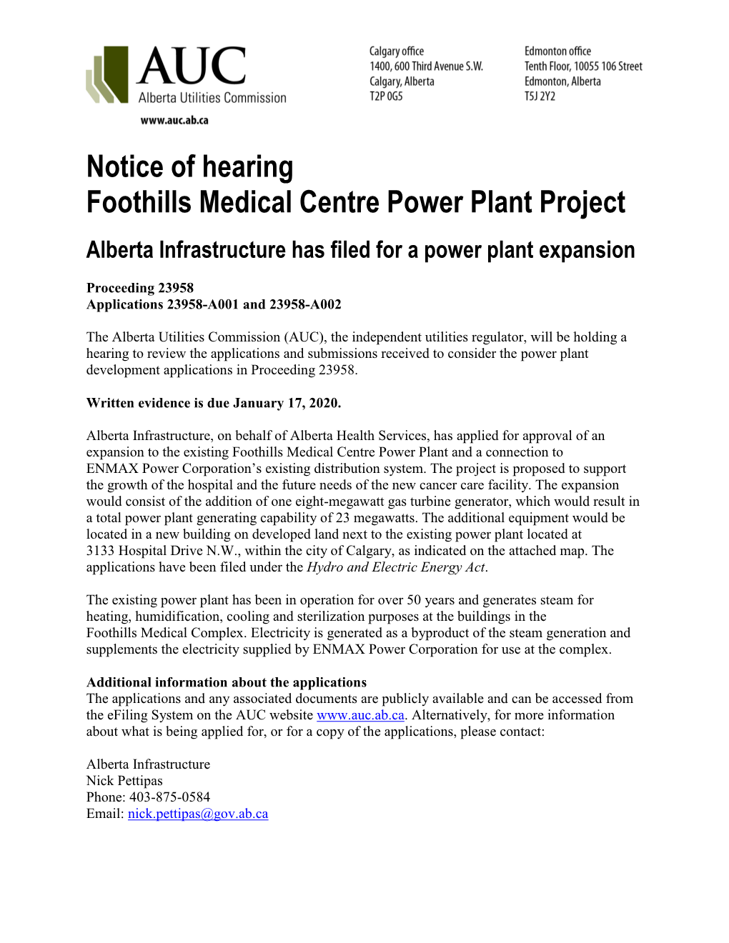 Notice of Hearing Foothills Medical Centre Power Plant Project