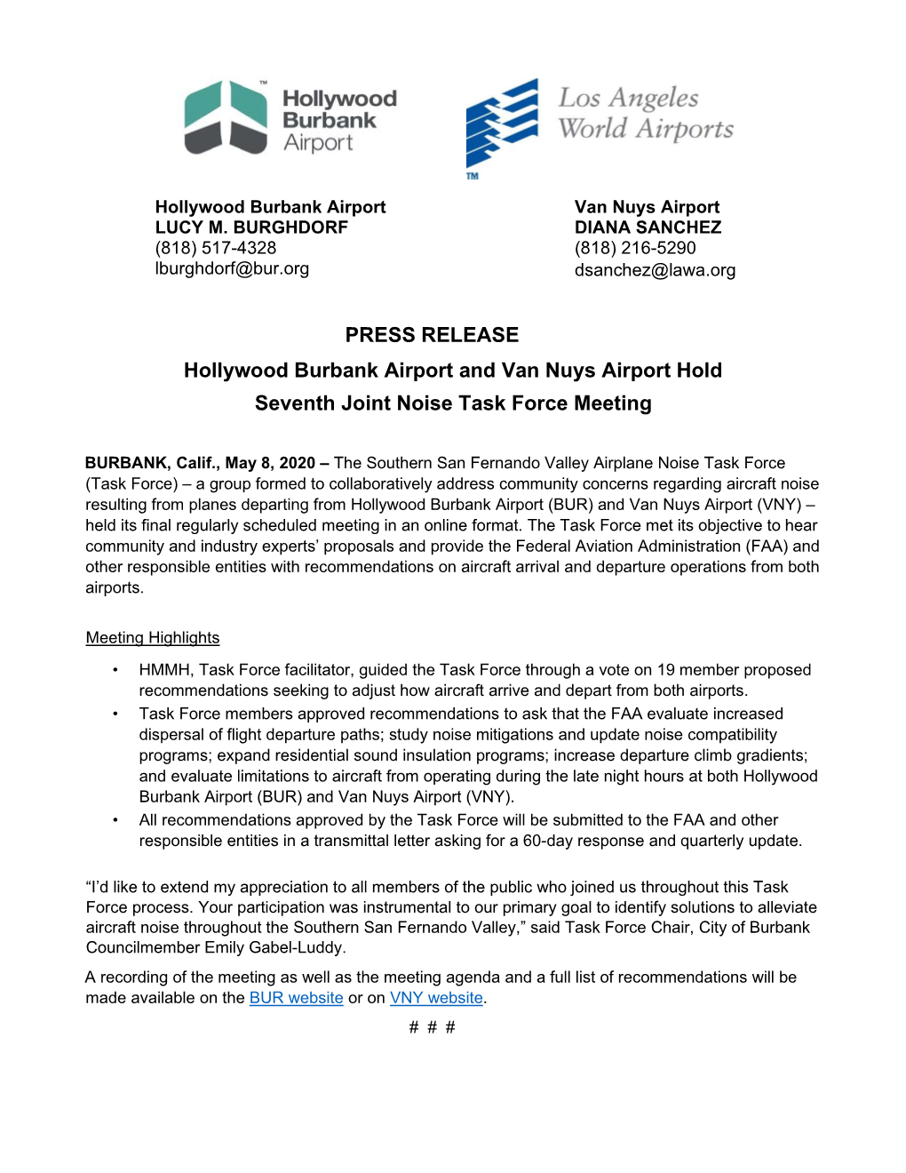 PRESS RELEASE Hollywood Burbank Airport and Van Nuys Airport Hold Seventh Joint Noise Task Force Meeting