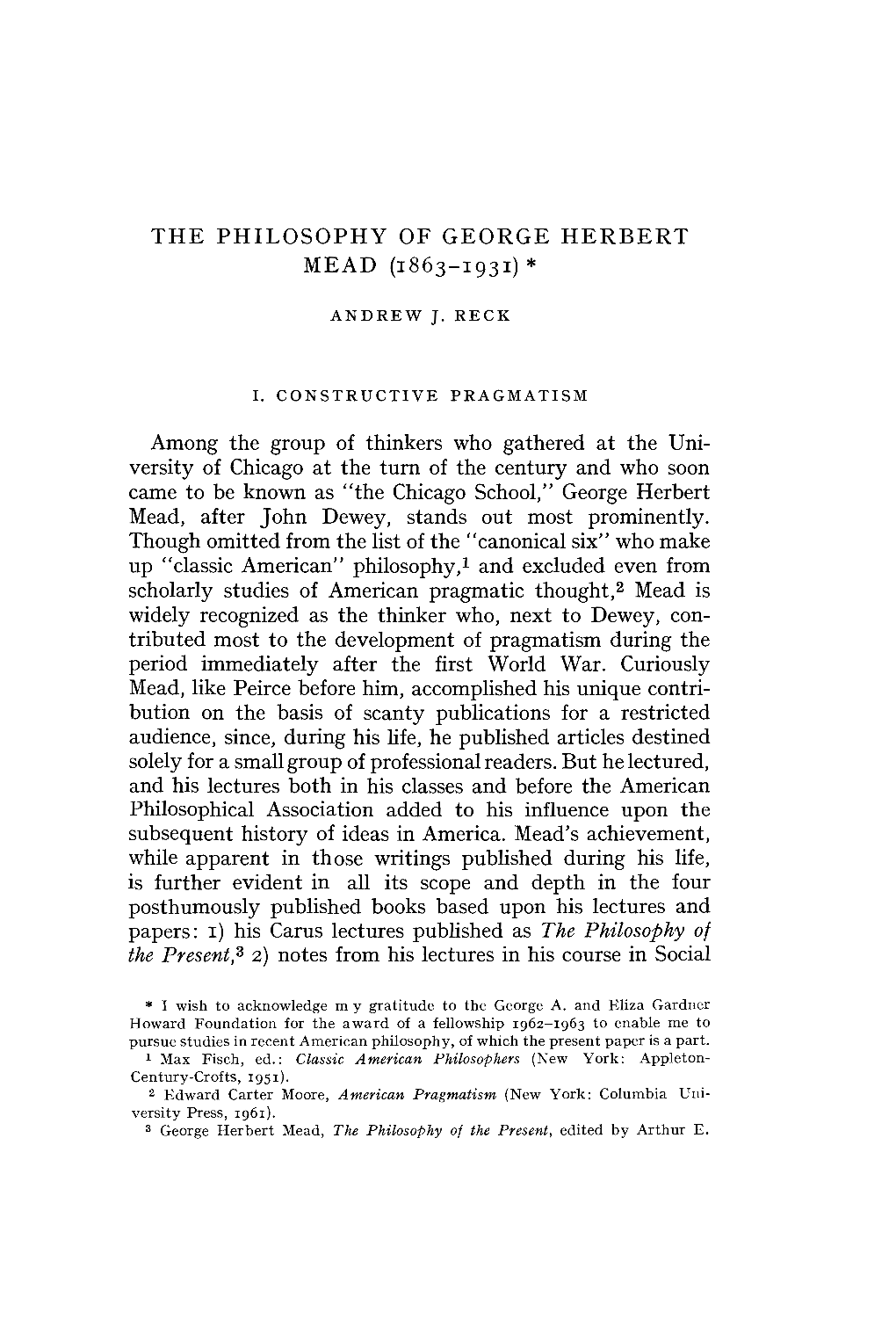 The Philosophy of George Herbert Mead (1863-1931) *