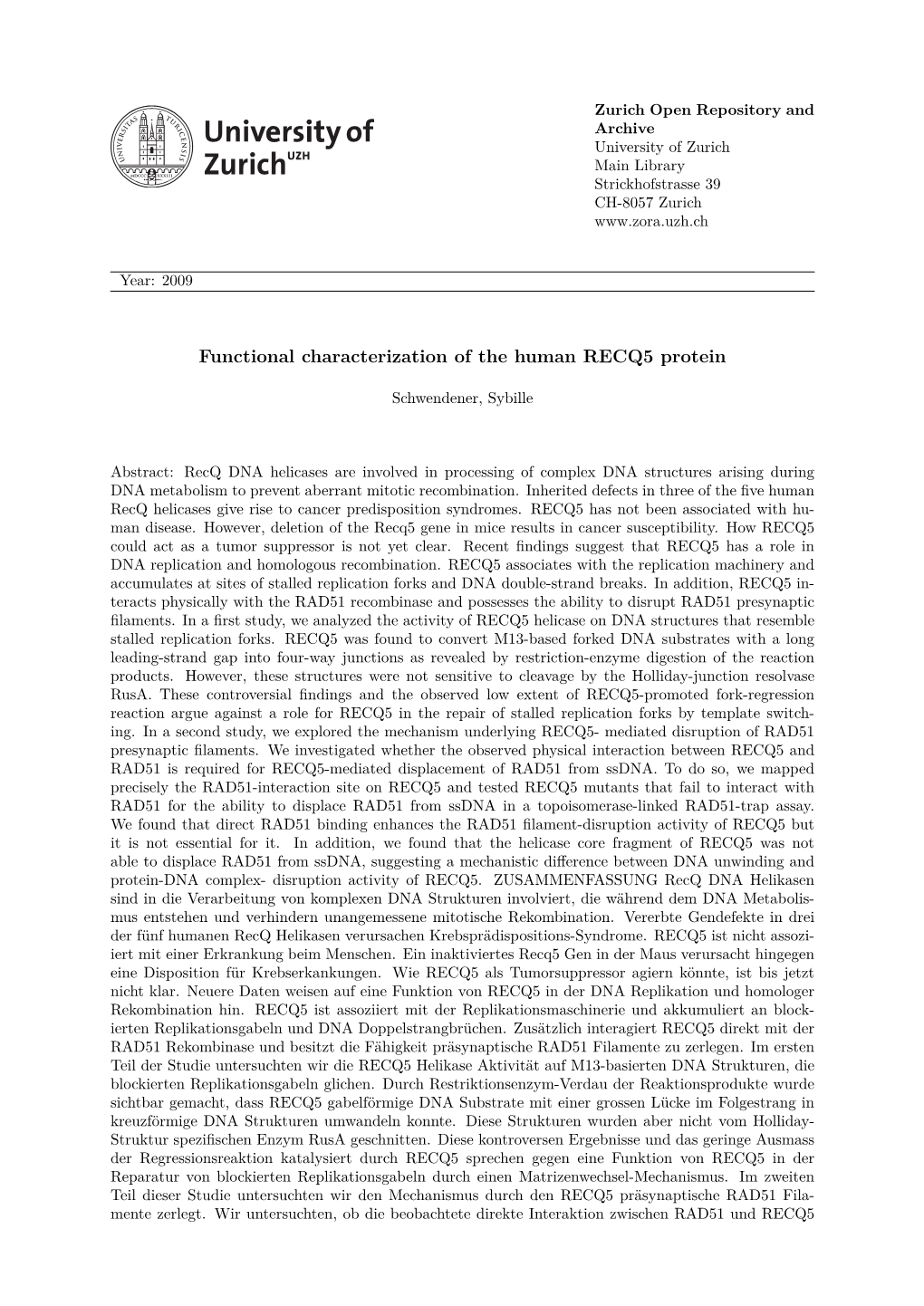 Functional Characterization of the Human RECQ5 Protein