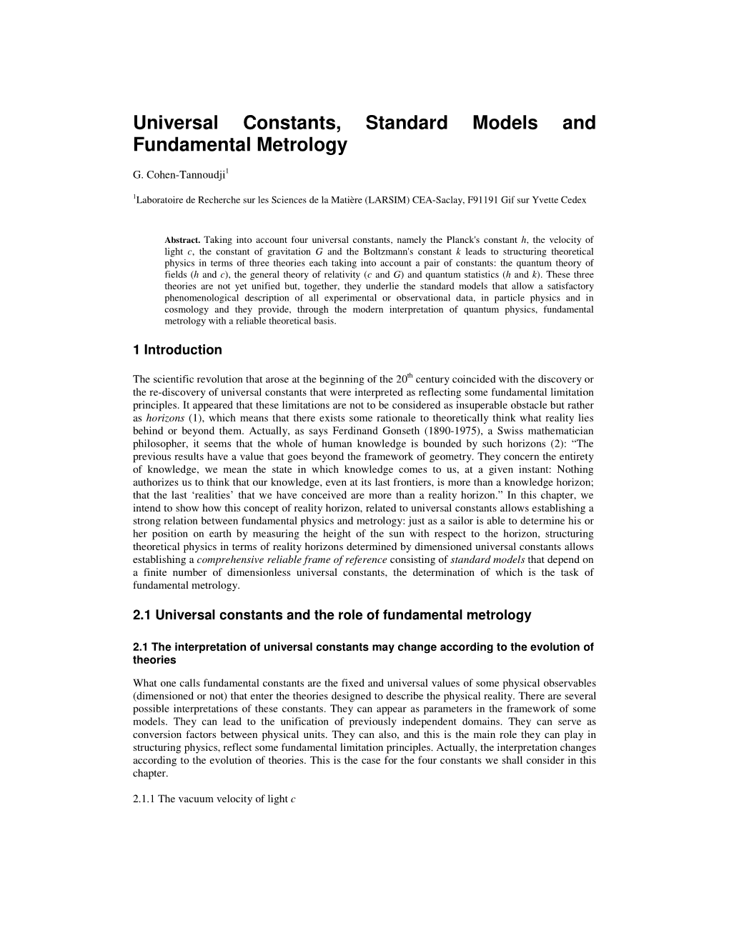 Universal Constants, Standard Models and Fundamental Metrology