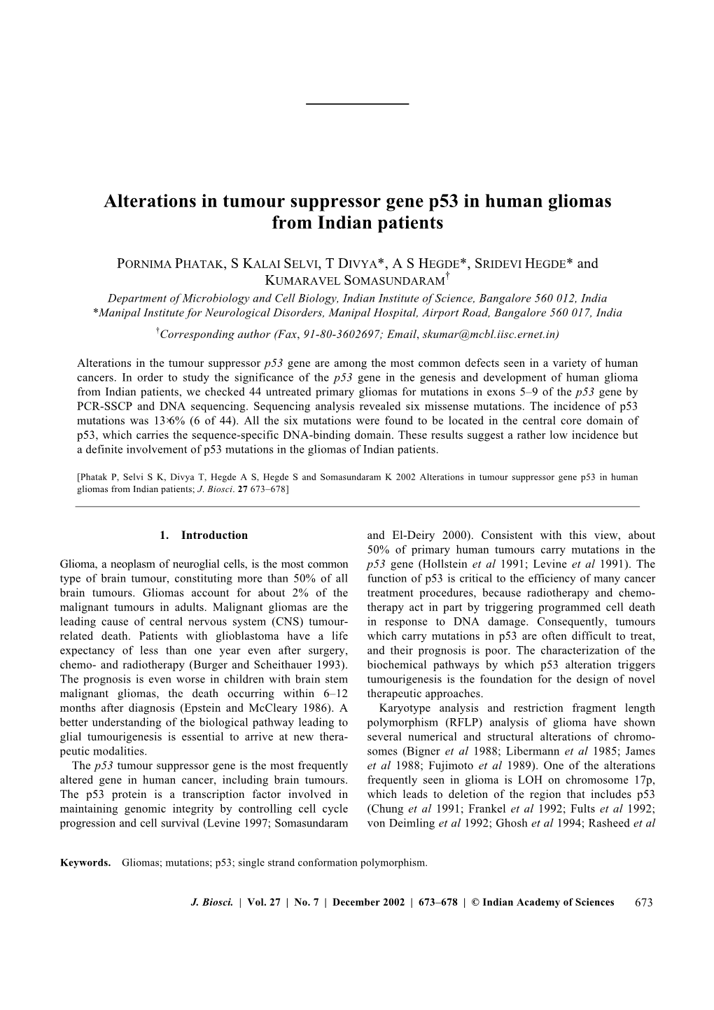 Alterations in Tumour Suppressor Gene P53 in Human Gliomas from Indian Patients