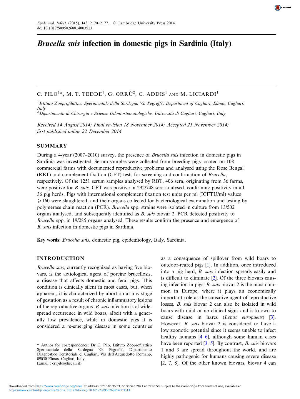 Brucella Suis Infection in Domestic Pigs in Sardinia (Italy)