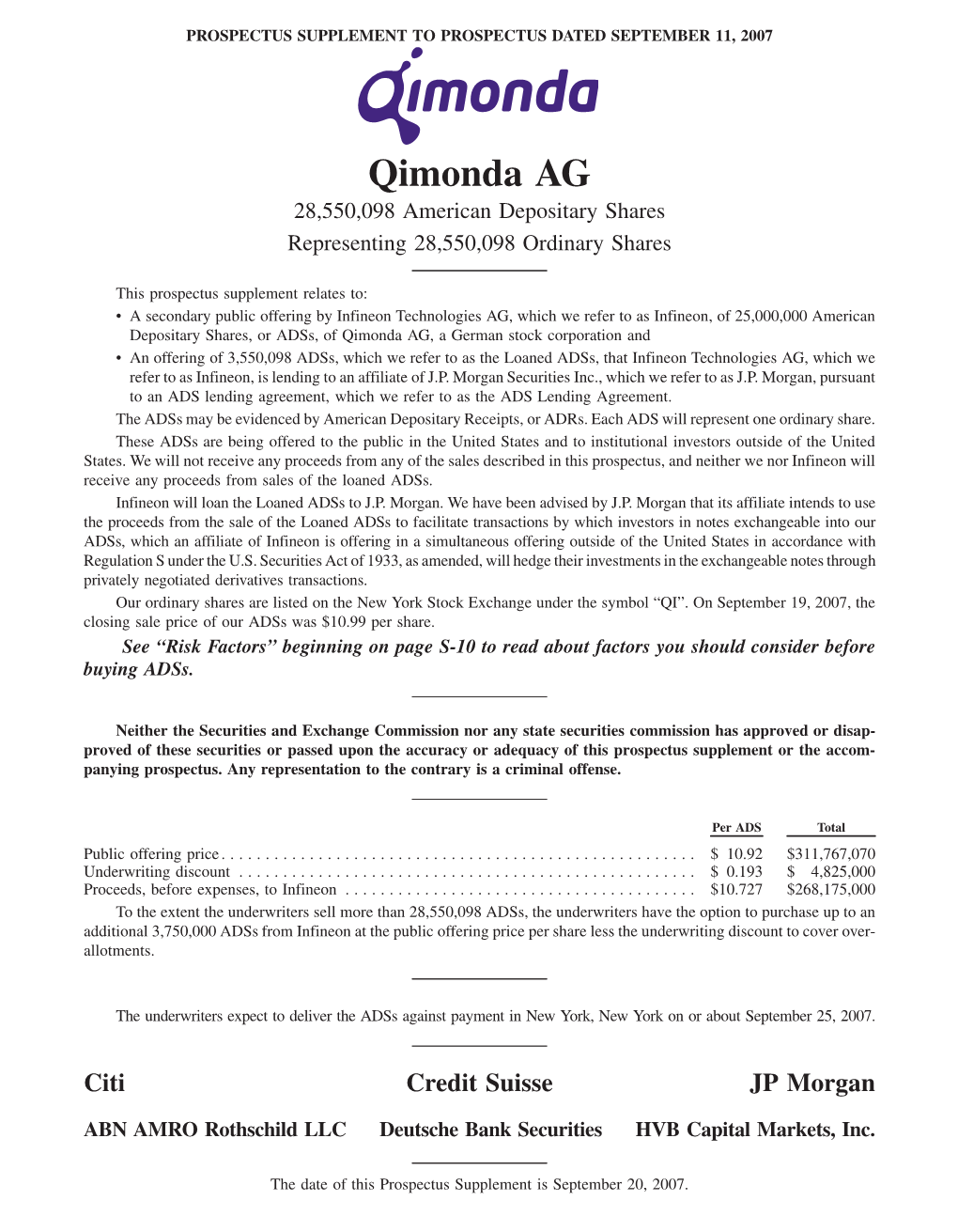 Qimonda AG 28,550,098 American Depositary Shares Representing 28,550,098 Ordinary Shares