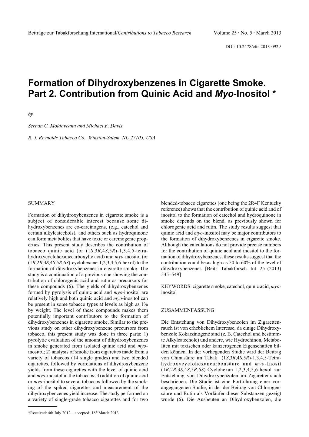 Formation of Dihydroxybenzenes in Cigarette Smoke. Part 2