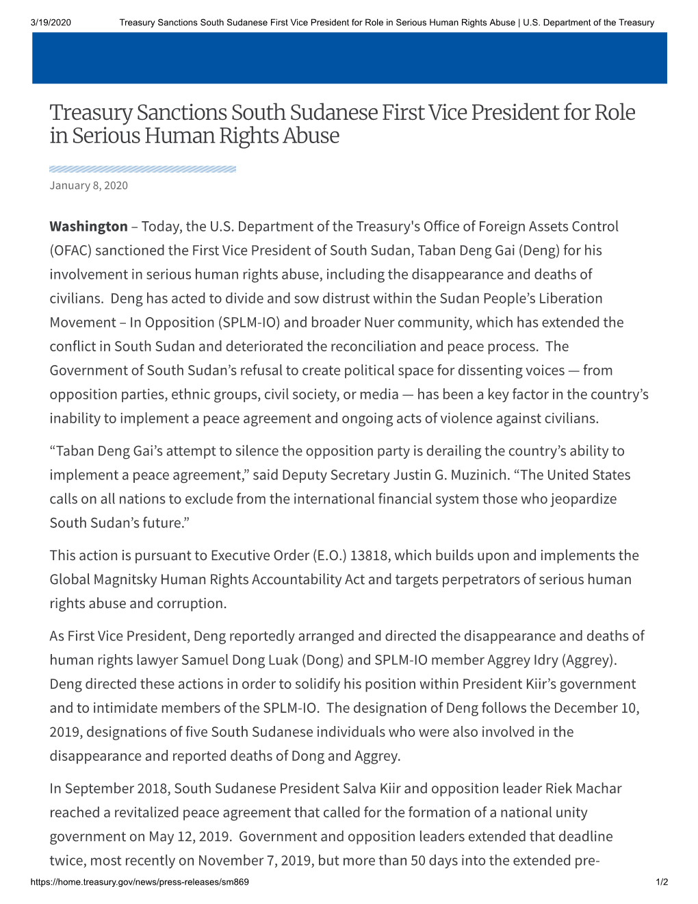 Treasury Sanctions South Sudanese First Vice President for Role in Serious Human Rights Abuse | U.S