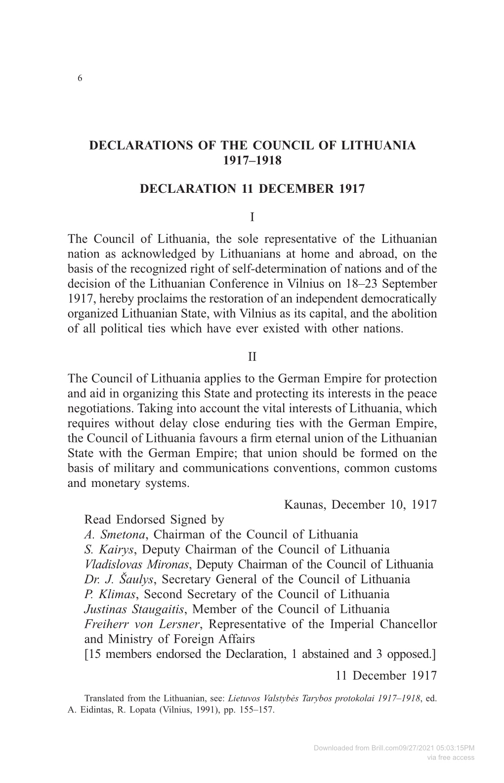 Declarations of the Council of Lithuania 1917–1918 Declaration