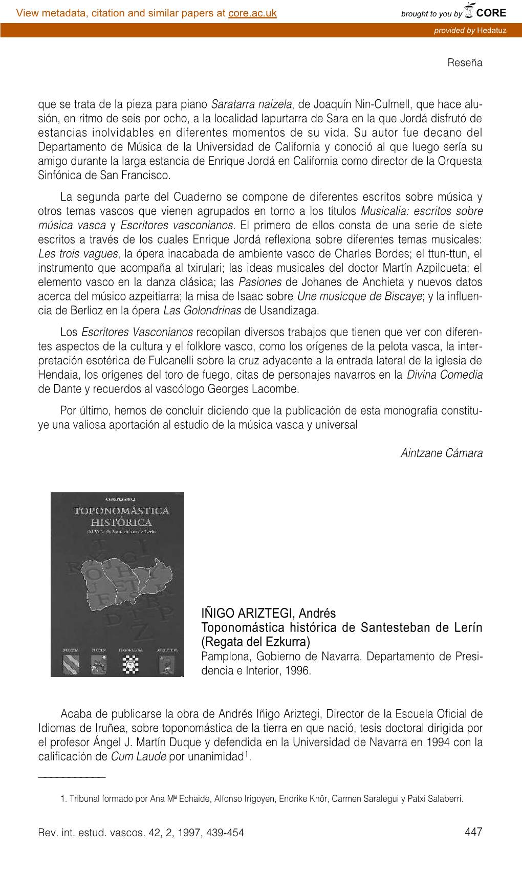 Iñigo Ariztegi, Andrés. Toponomástica Histórica De Santesteban