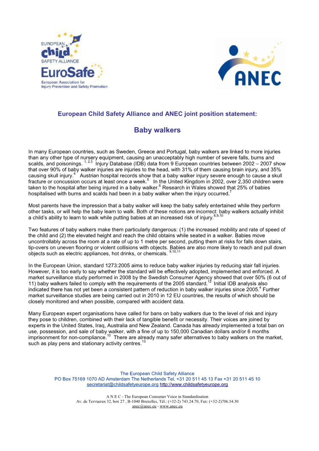 Baby Walkers : European Child Safety Alliance and ANEC Joint Position