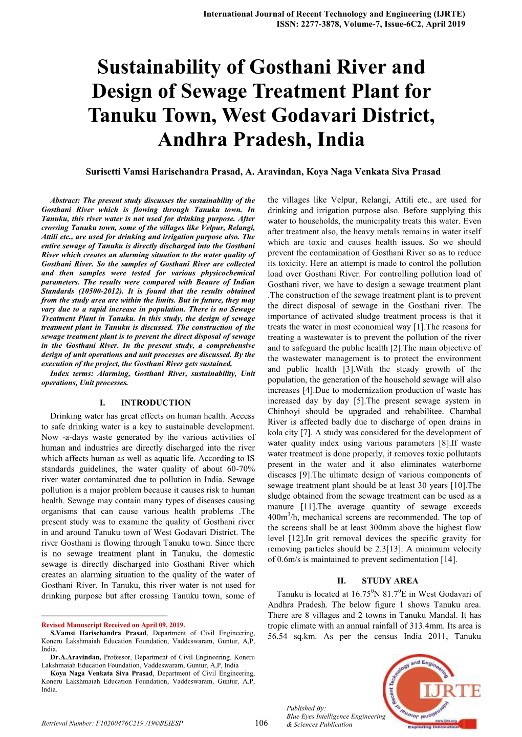 Sustainability of Gosthani River and Design of Sewage Treatment Plant for Tanuku Town, West Godavari District, Andhra Pradesh, India