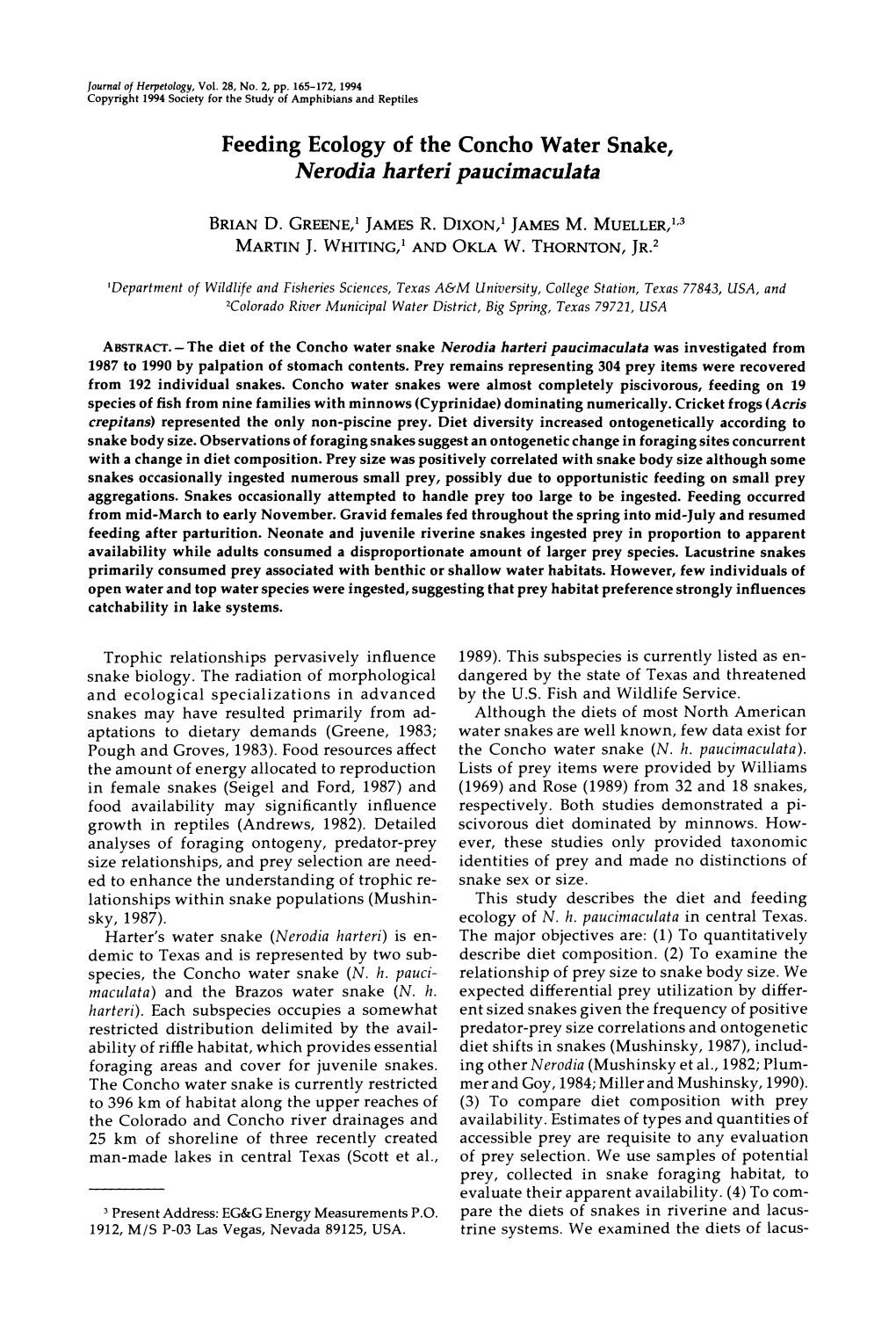 Feeding Ecology of the Concho Water Snake, ~Erodgharteri Paucimaculata