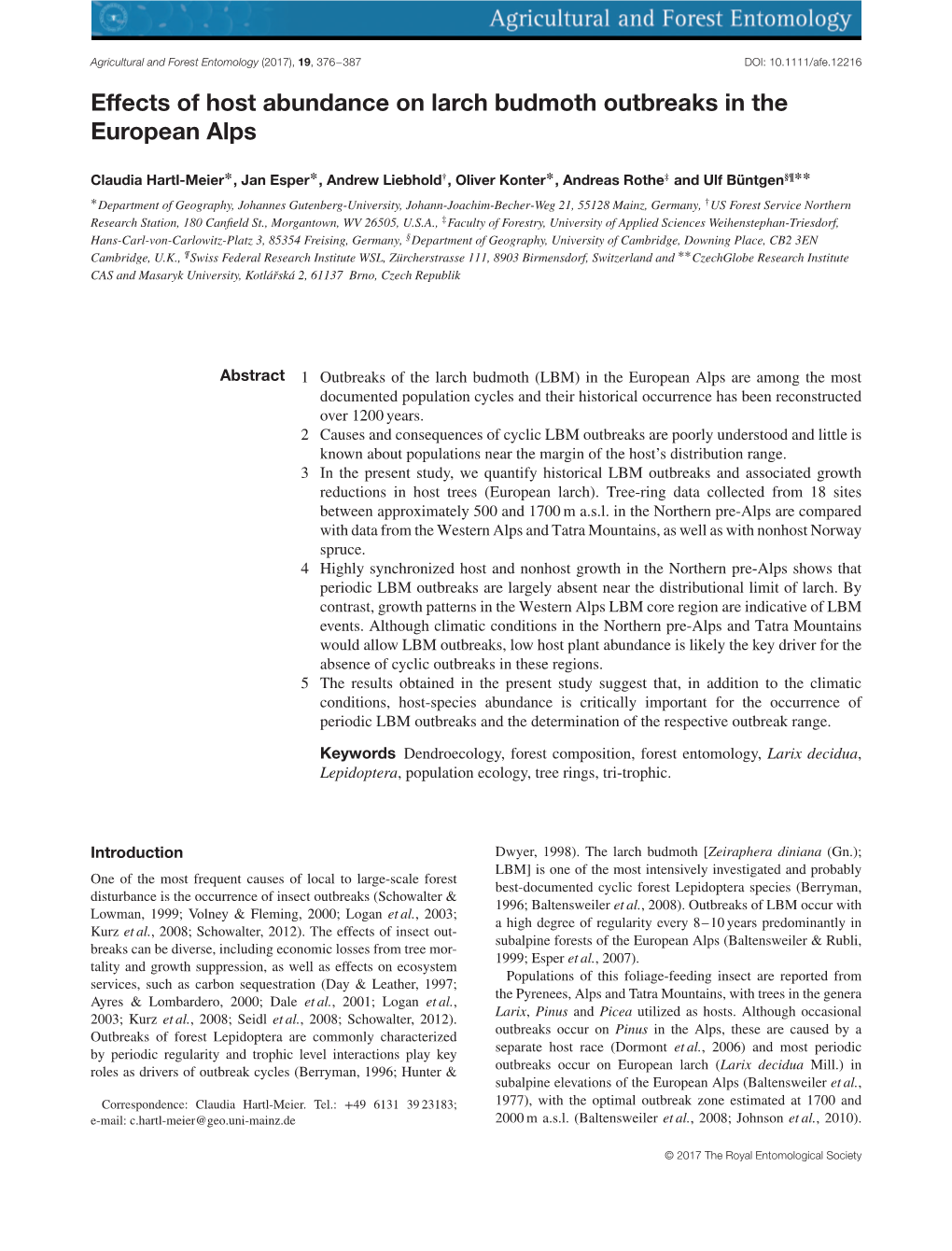 Effects of Host Abundance on Larch Budmoth Outbreaks in the European Alps