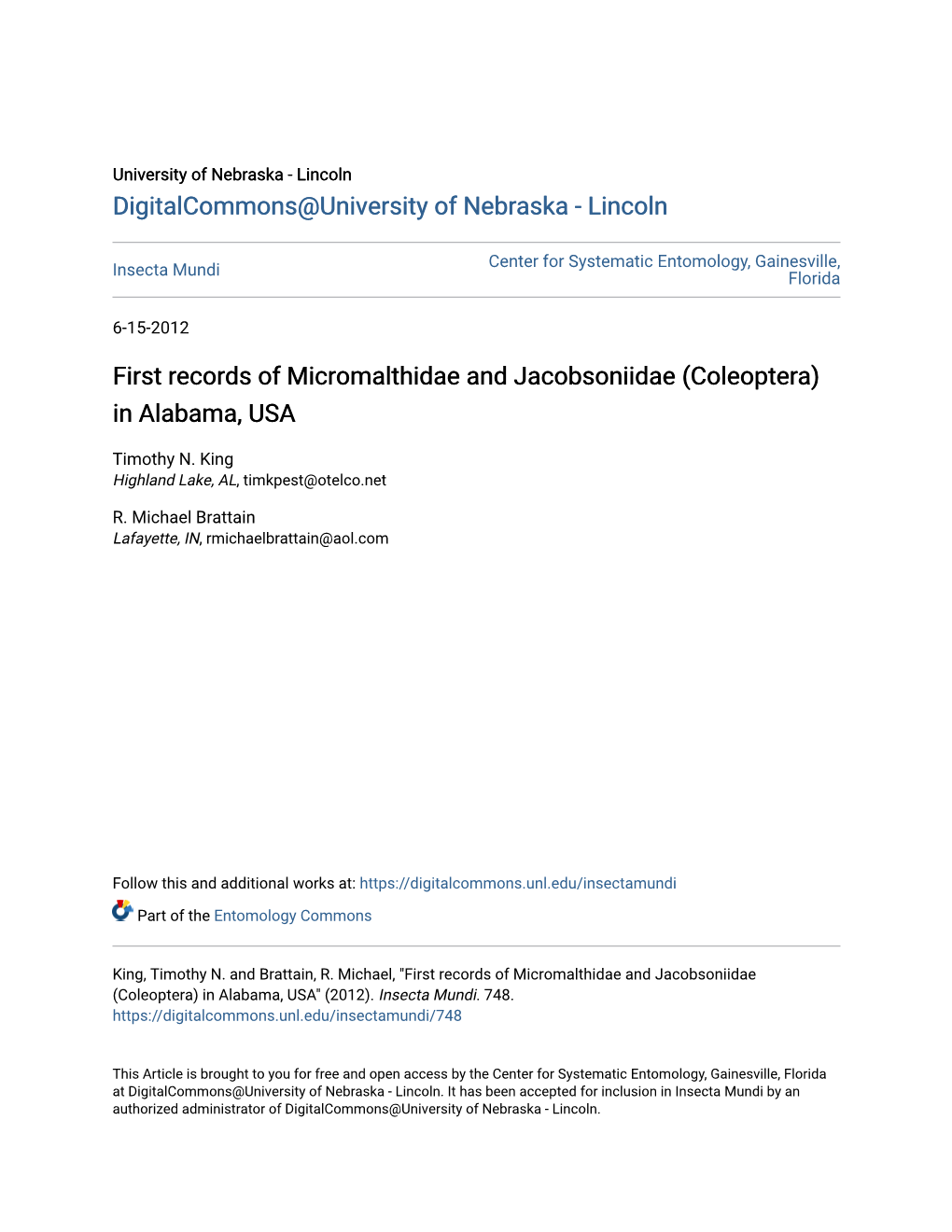 First Records of Micromalthidae and Jacobsoniidae (Coleoptera) in Alabama, USA