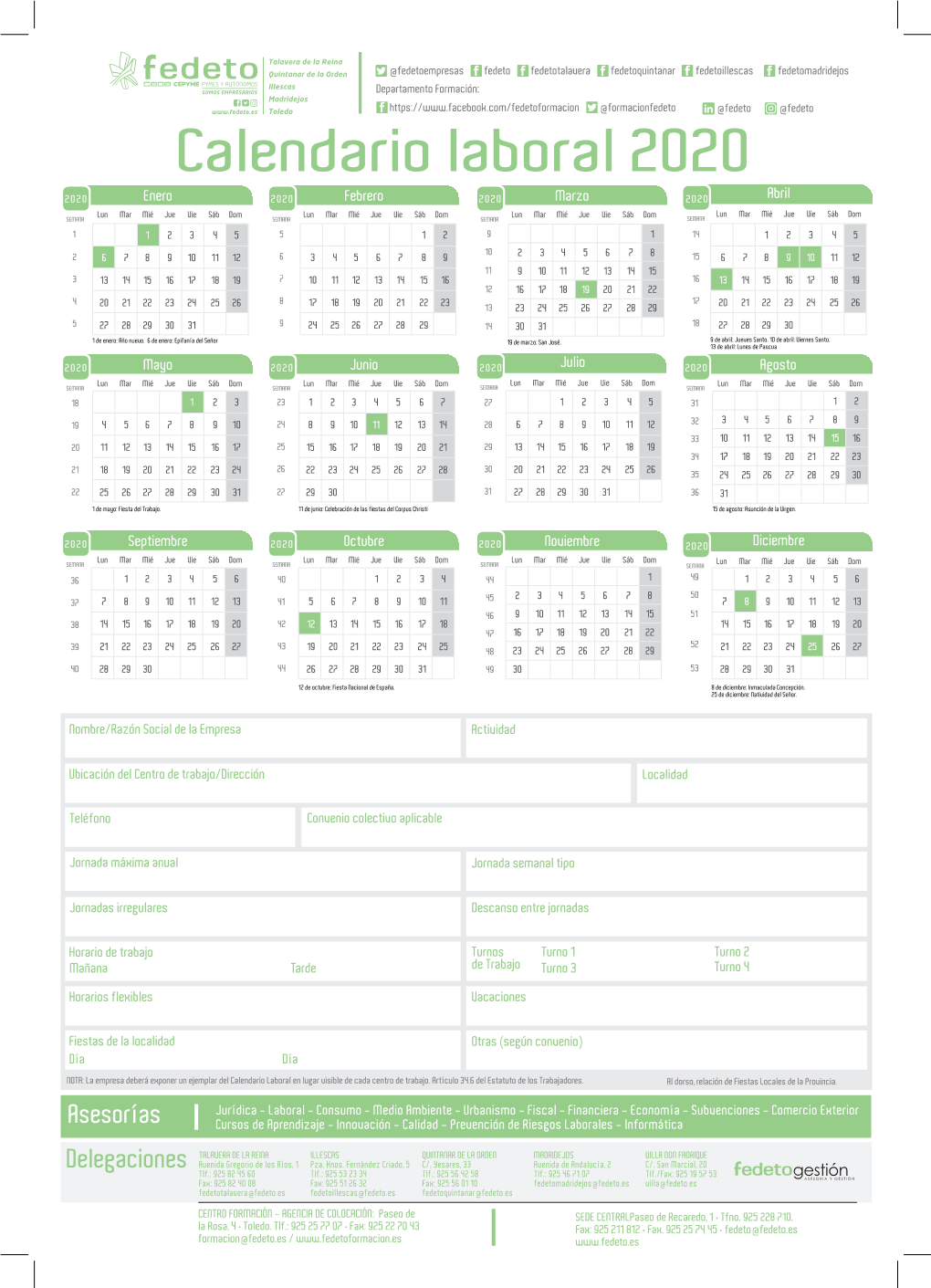 Fedeto Calendario Laboral 2020