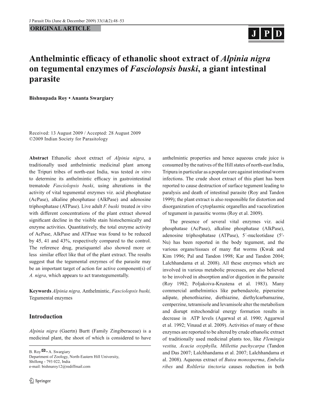 Anthelmintic Efficacy of Ethanolic Shoot Extract of Alpinia Nigra On