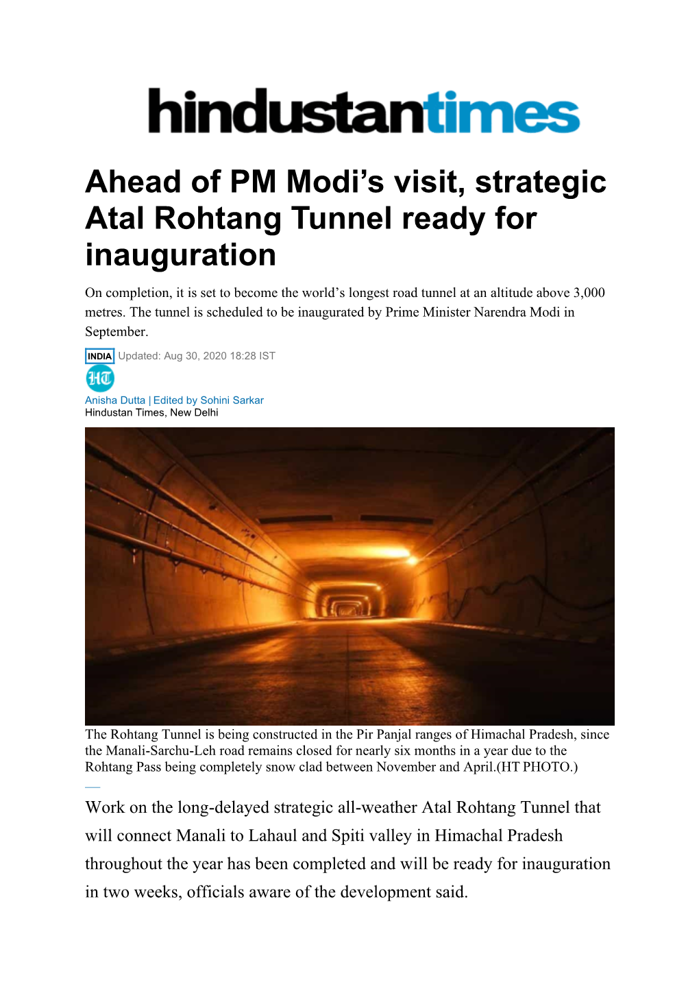 Ahead of PM Modi's Visit, Strategic Atal Rohtang Tunnel Ready for Inauguration