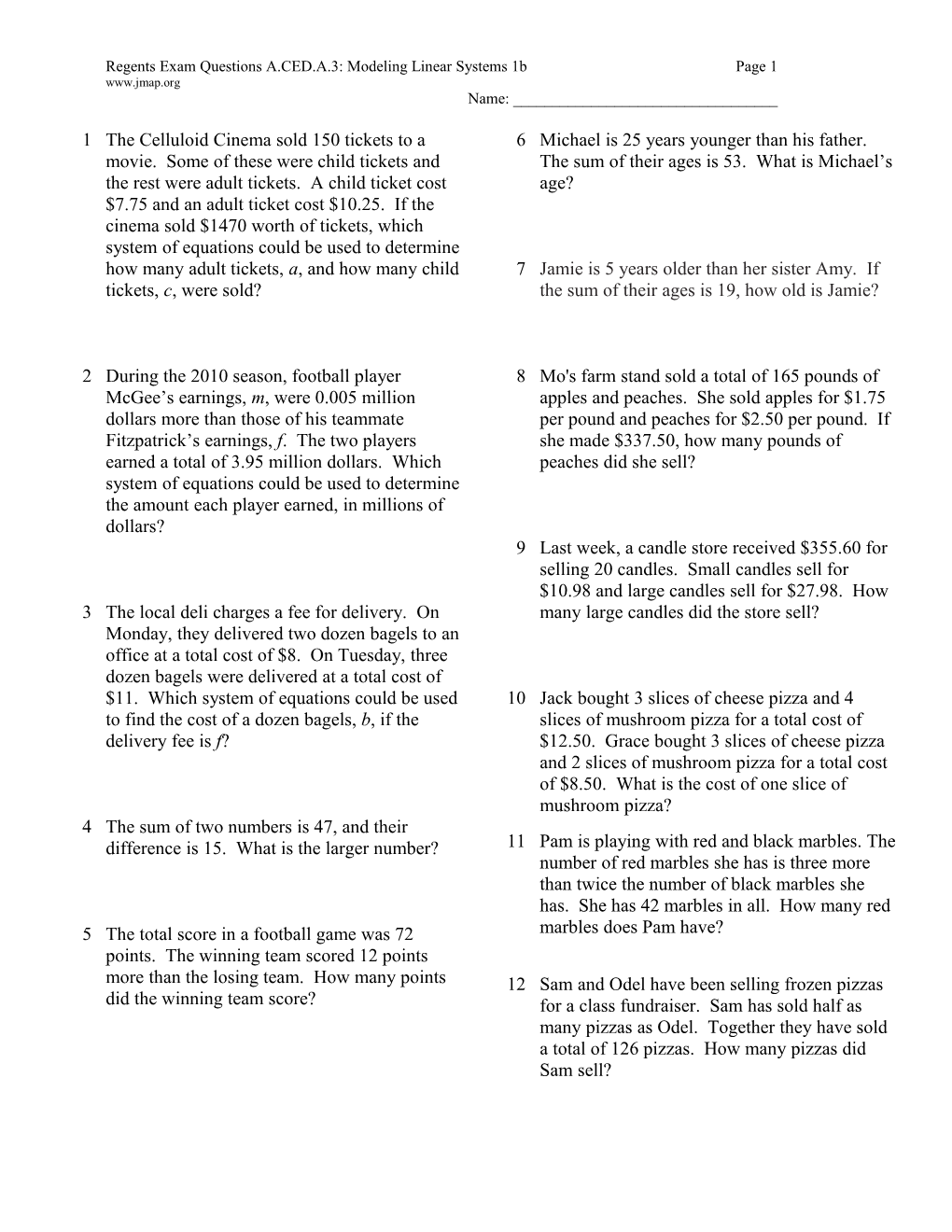 Regents Exam Questions A.CED.A.3: Modeling Linear Systems 1B Page 2