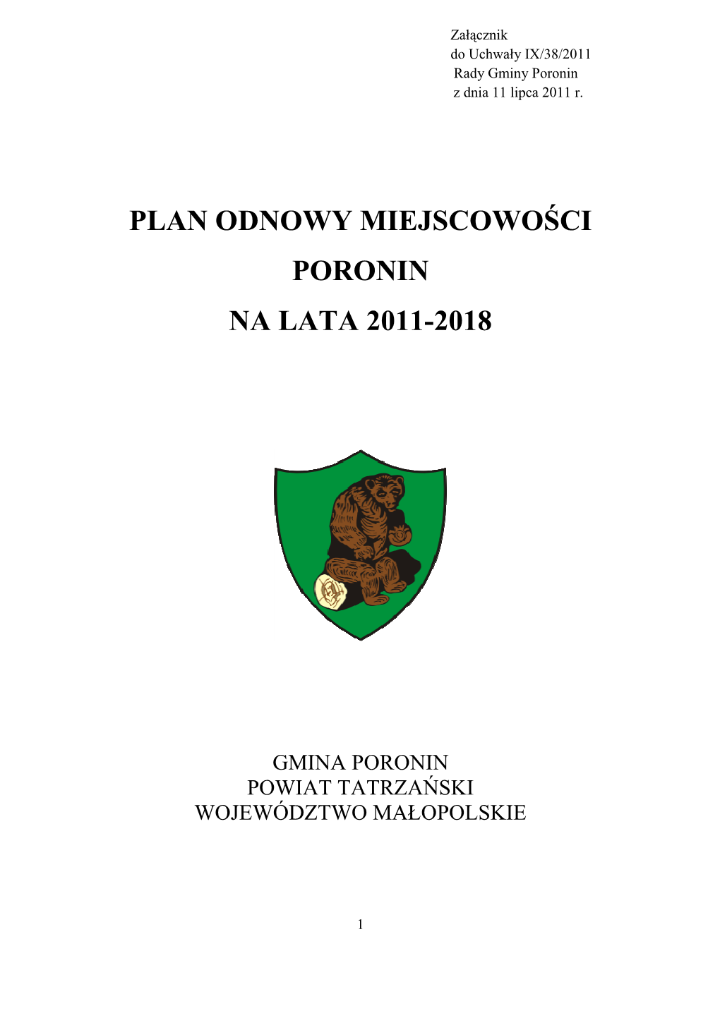 Plan Odnowy Miejscowości Poronin Na Lata 2011-2018