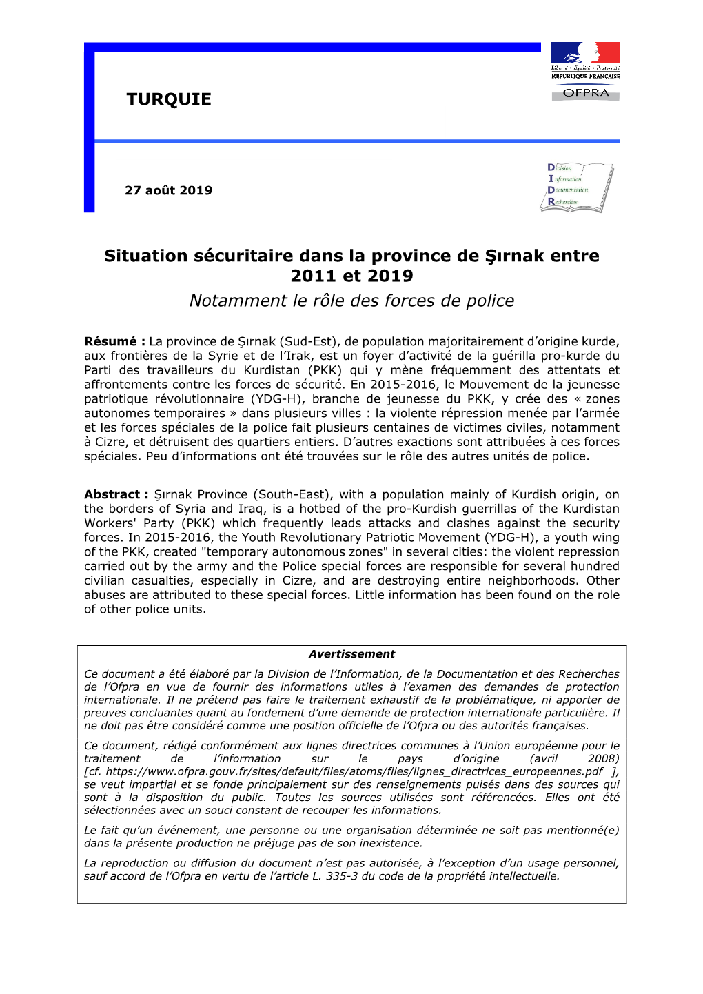 Situation Sécuritaire Dans La Province De Sirnak Entre 2011 Et 2019, Ofpra