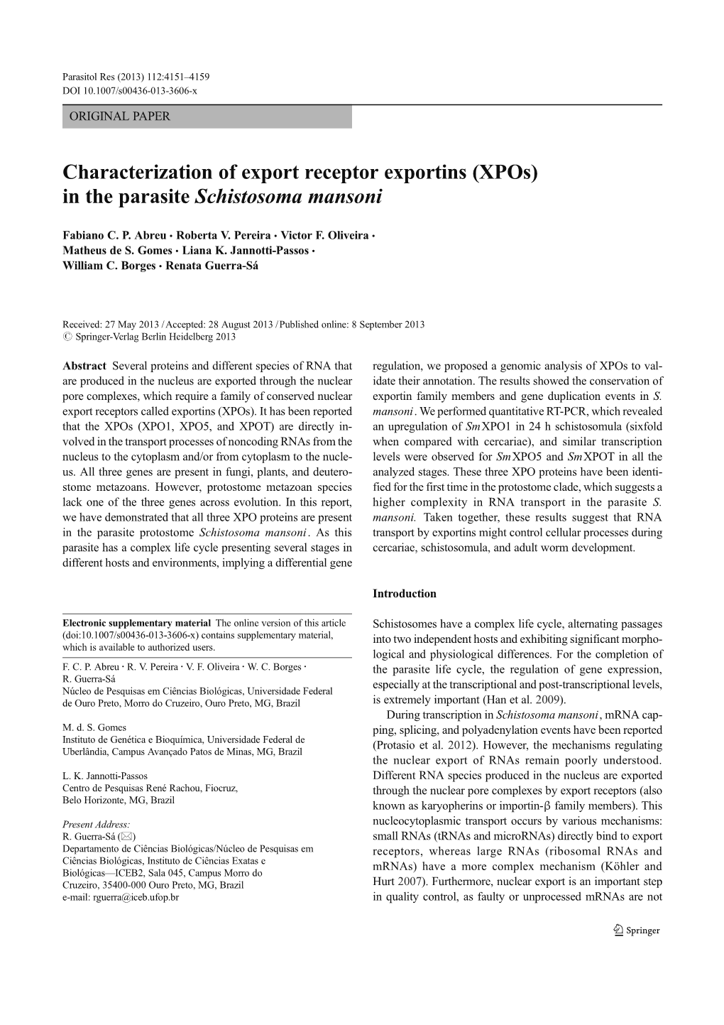 Characterization of Export Receptor Exportins (Xpos) in the Parasite Schistosoma Mansoni