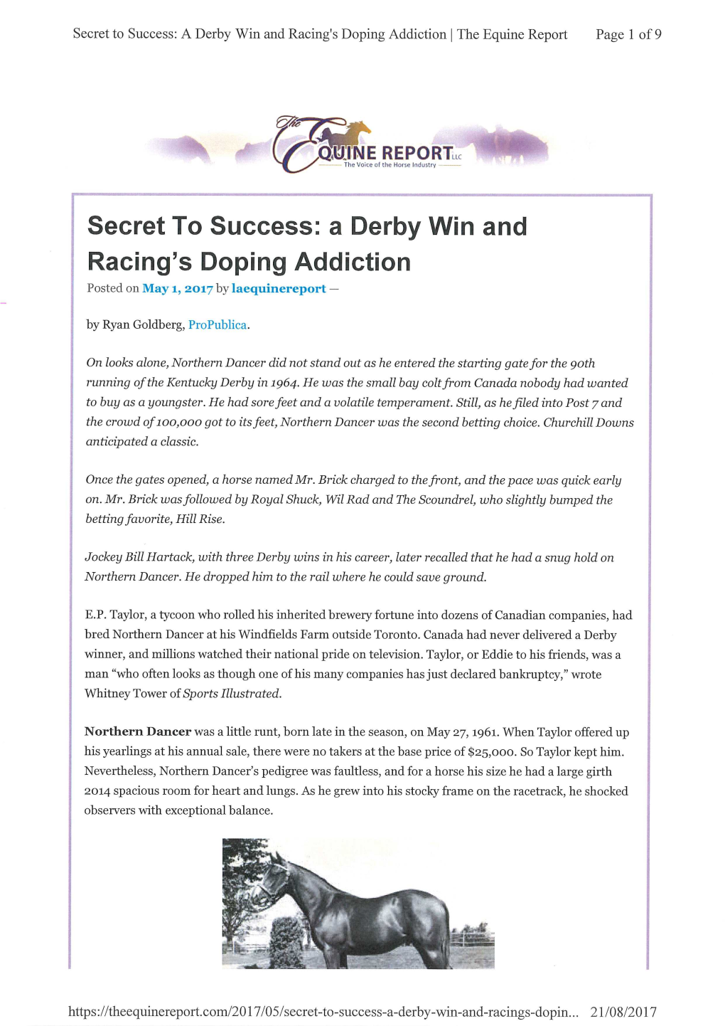 Secret to Success: a Derby Win and Racing's Doping Addiction I the Equine Report Page 1 of 9