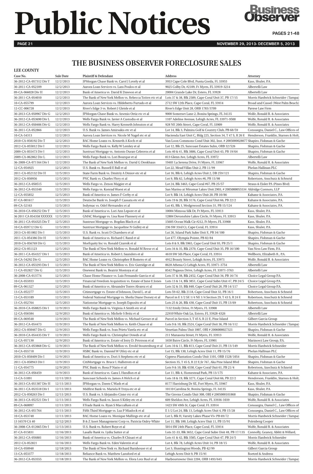 THE BUSINESS OBSERVER FORECLOSURE SALES LEE COUNTY Case No