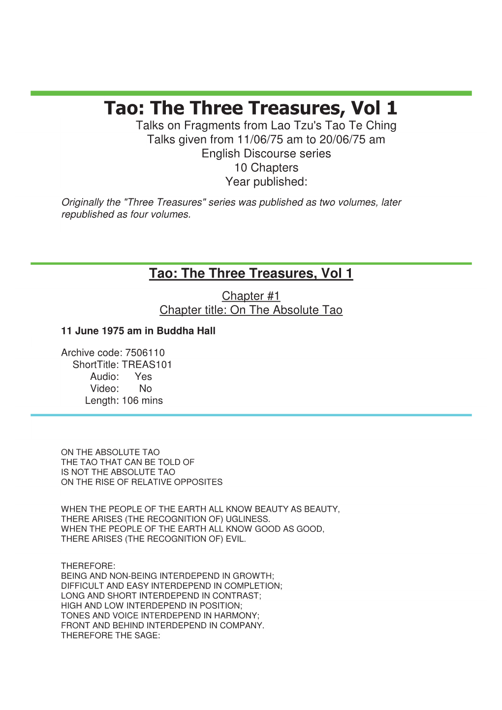 Tao: the Three Treasures, Vol 1