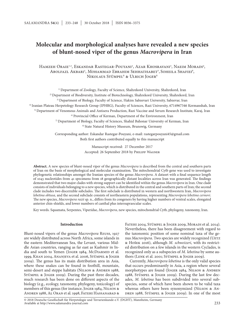 Molecular and Morphological Analyses Have Revealed a New Species of Blunt-Nosed Viper of the Genus Macrovipera in Iran