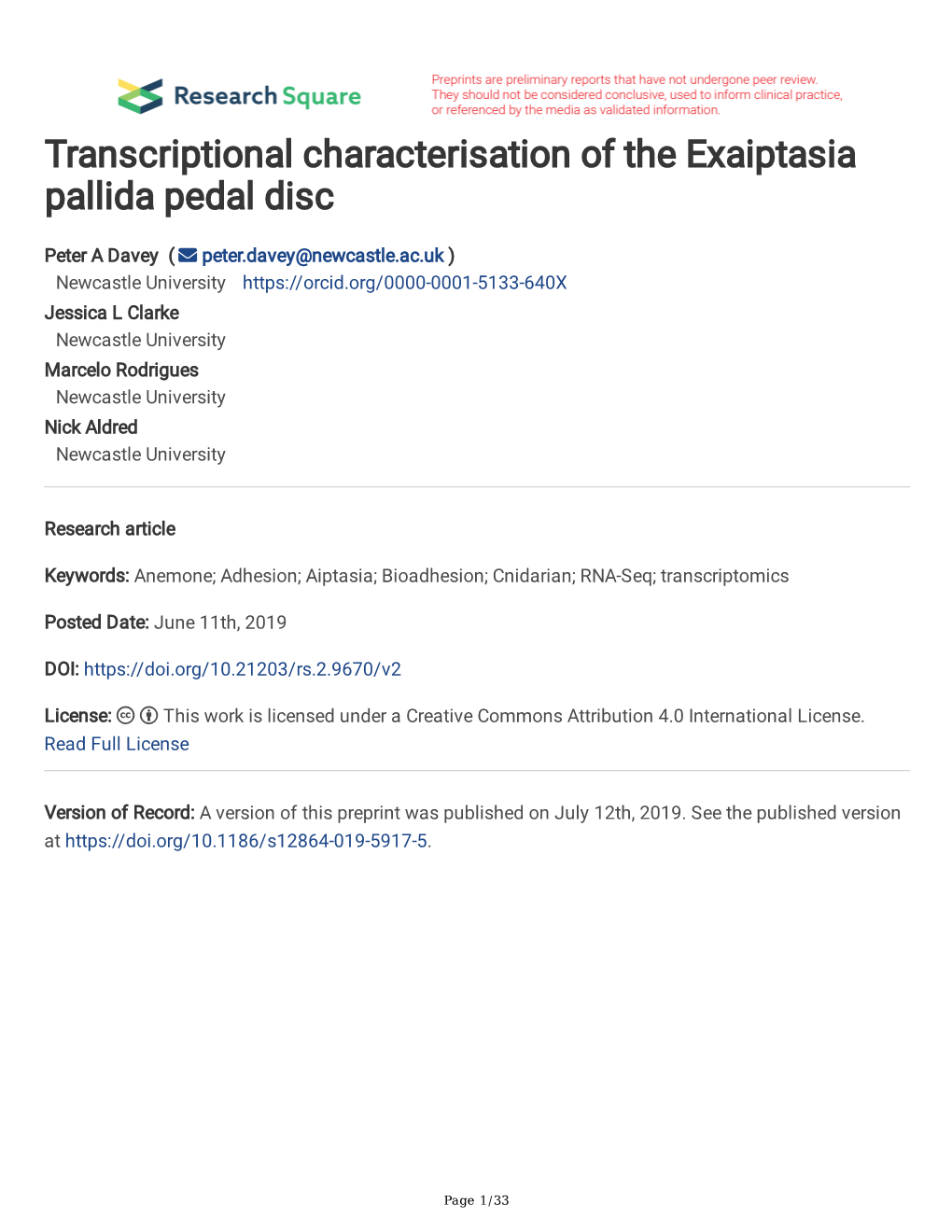 Transcriptional Characterisation of the Exaiptasia Pallida Pedal Disc