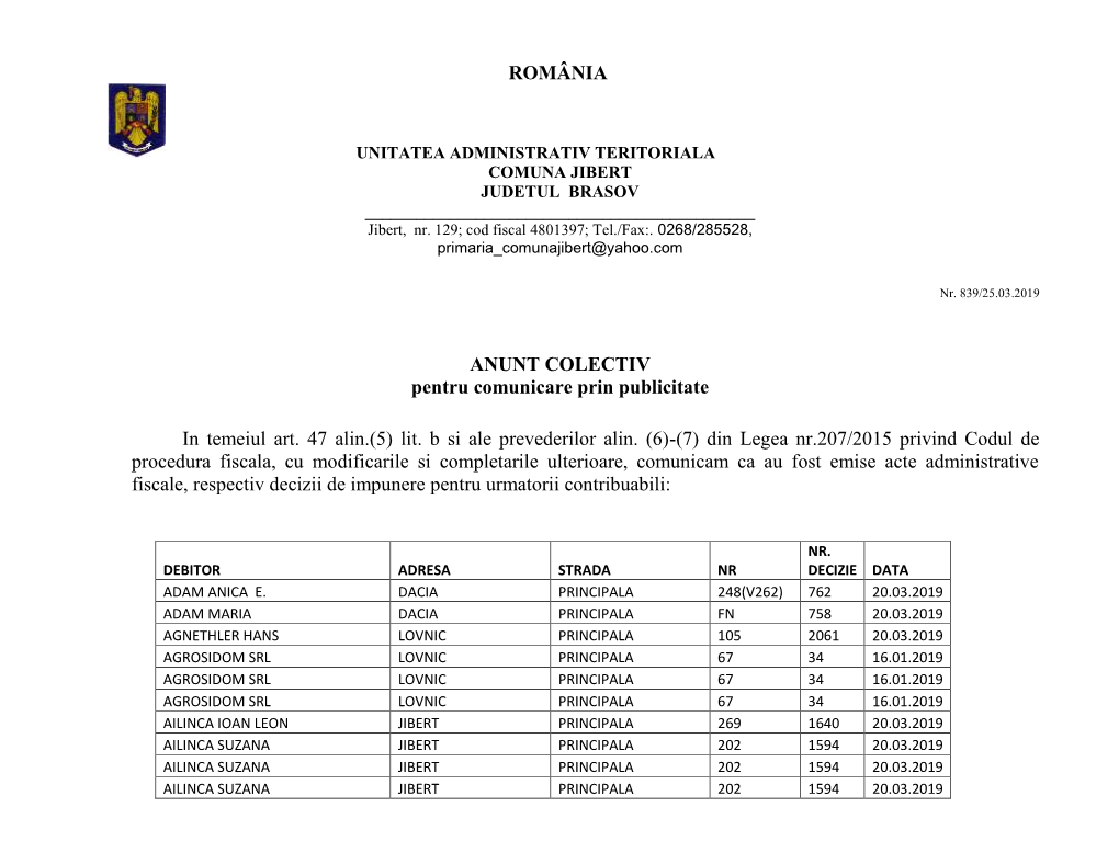 ROMÂNIA ANUNT COLECTIV Pentru Comunicare Prin