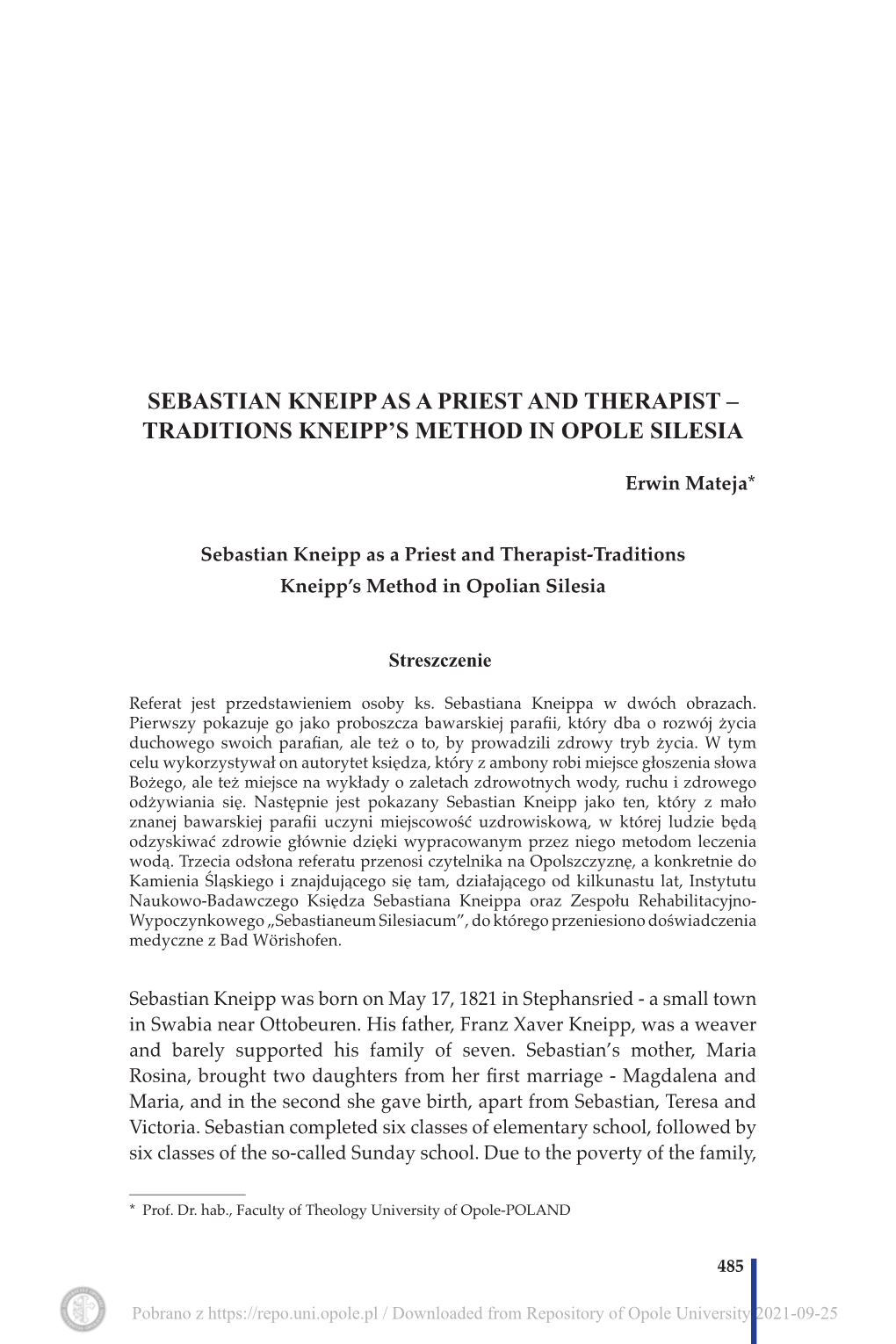 Sebastian Kneipp As a Priest and Therapist – Traditions Kneipp’S Method in Opole Silesia