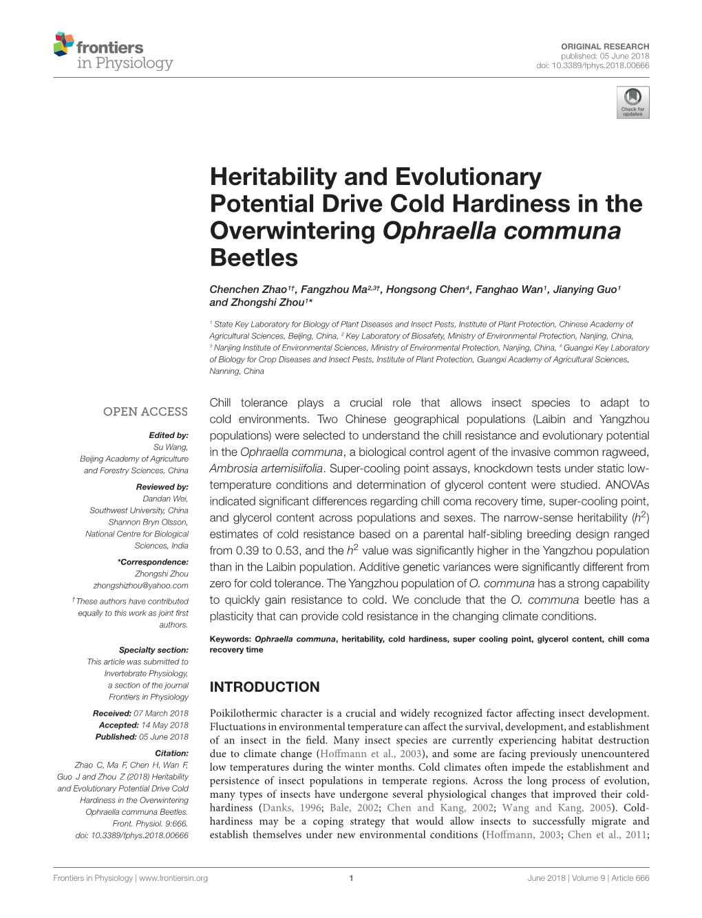 Heritability and Evolutionary Potential Drive Cold Hardiness in the Overwintering Ophraella Communa Beetles