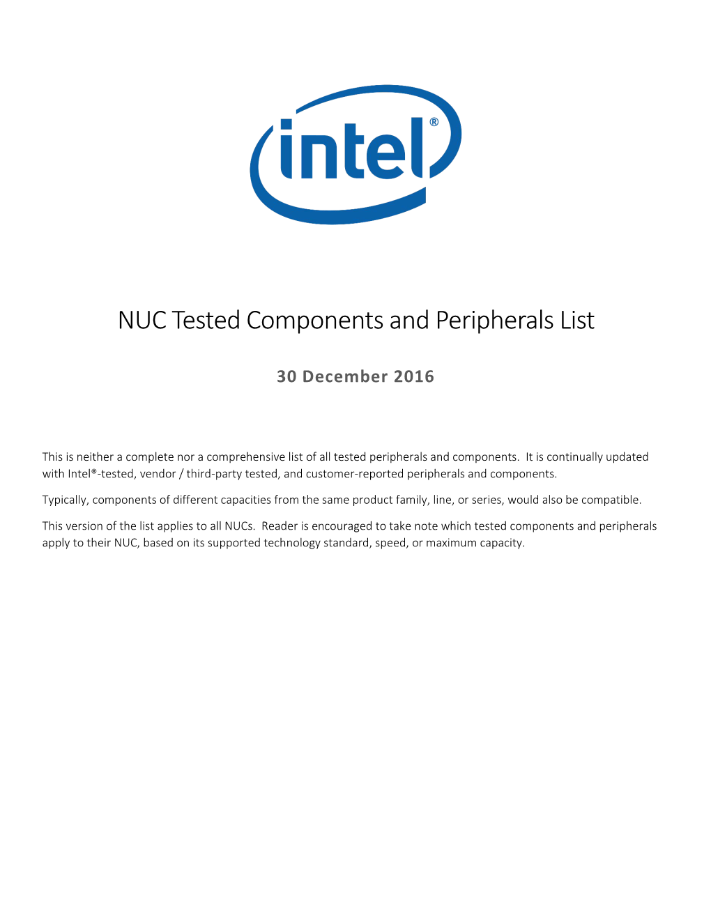 Intel® NUC Tested Components and Peripherals List