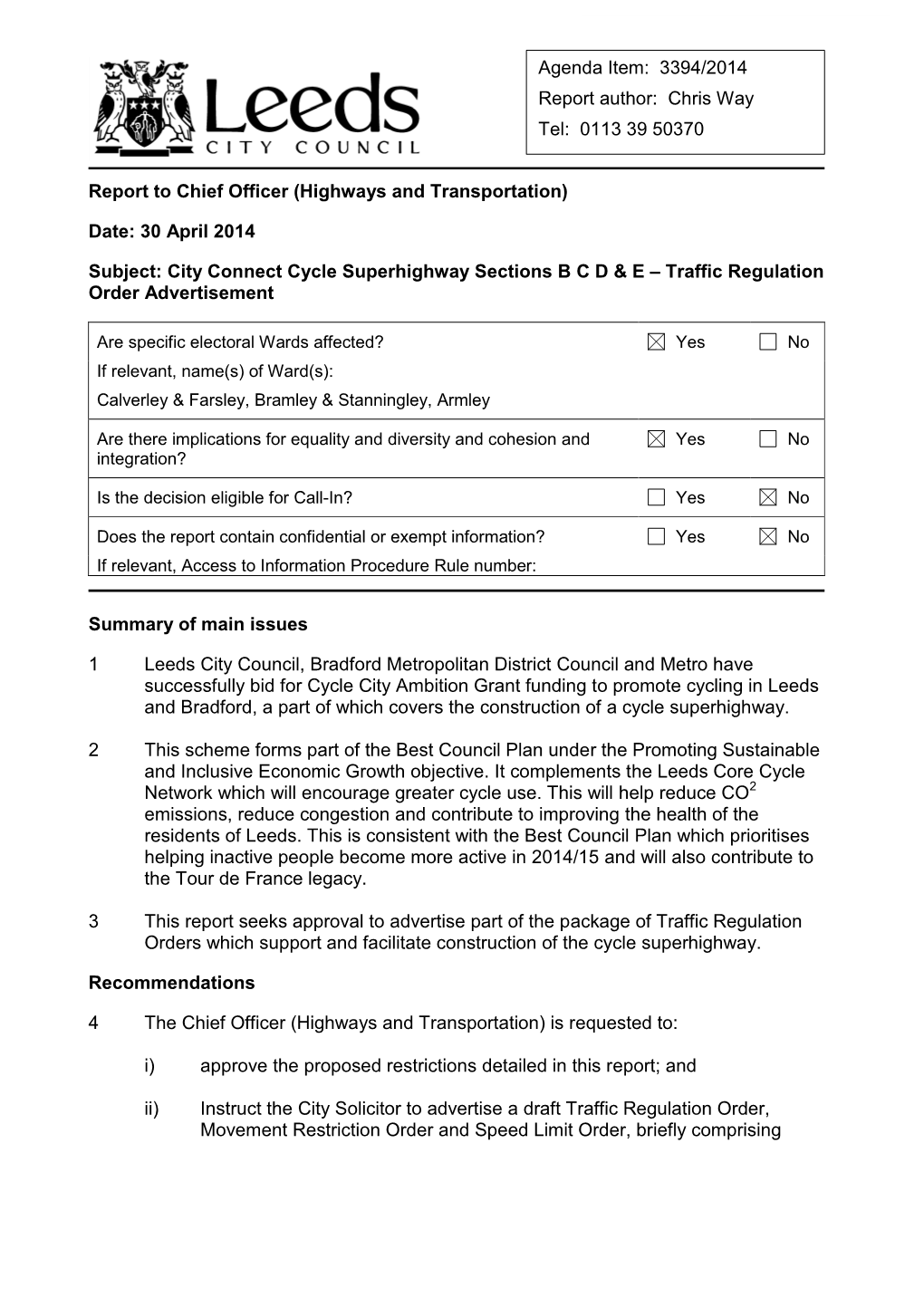 Report to Chief Officer (Highways and Transportation)