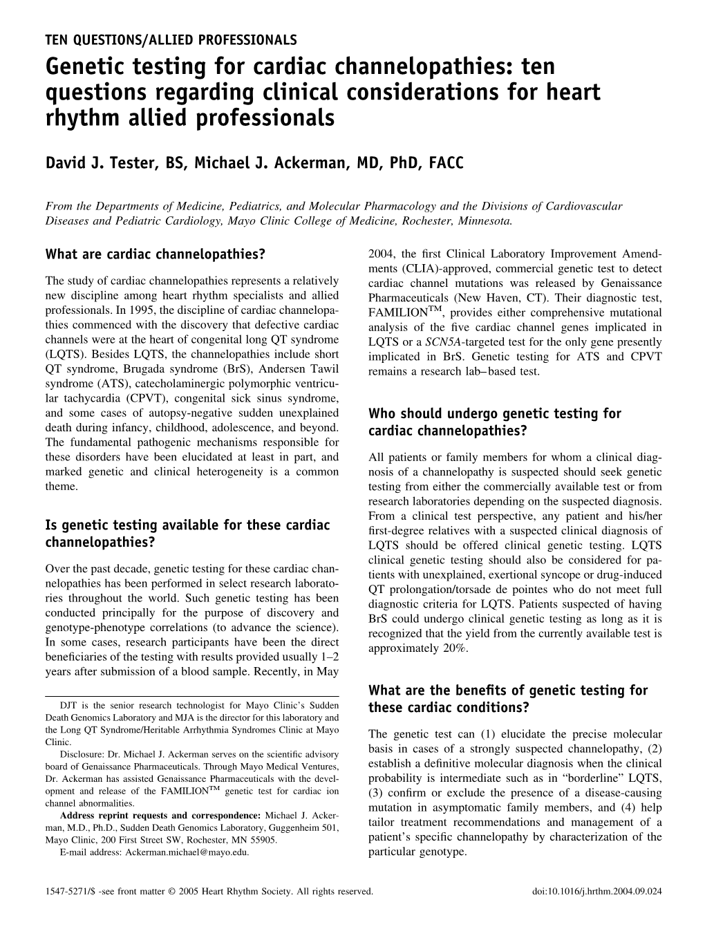 Genetic Testing for Cardiac Channelopathies: Ten Questions Regarding Clinical Considerations for Heart Rhythm Allied Professionals