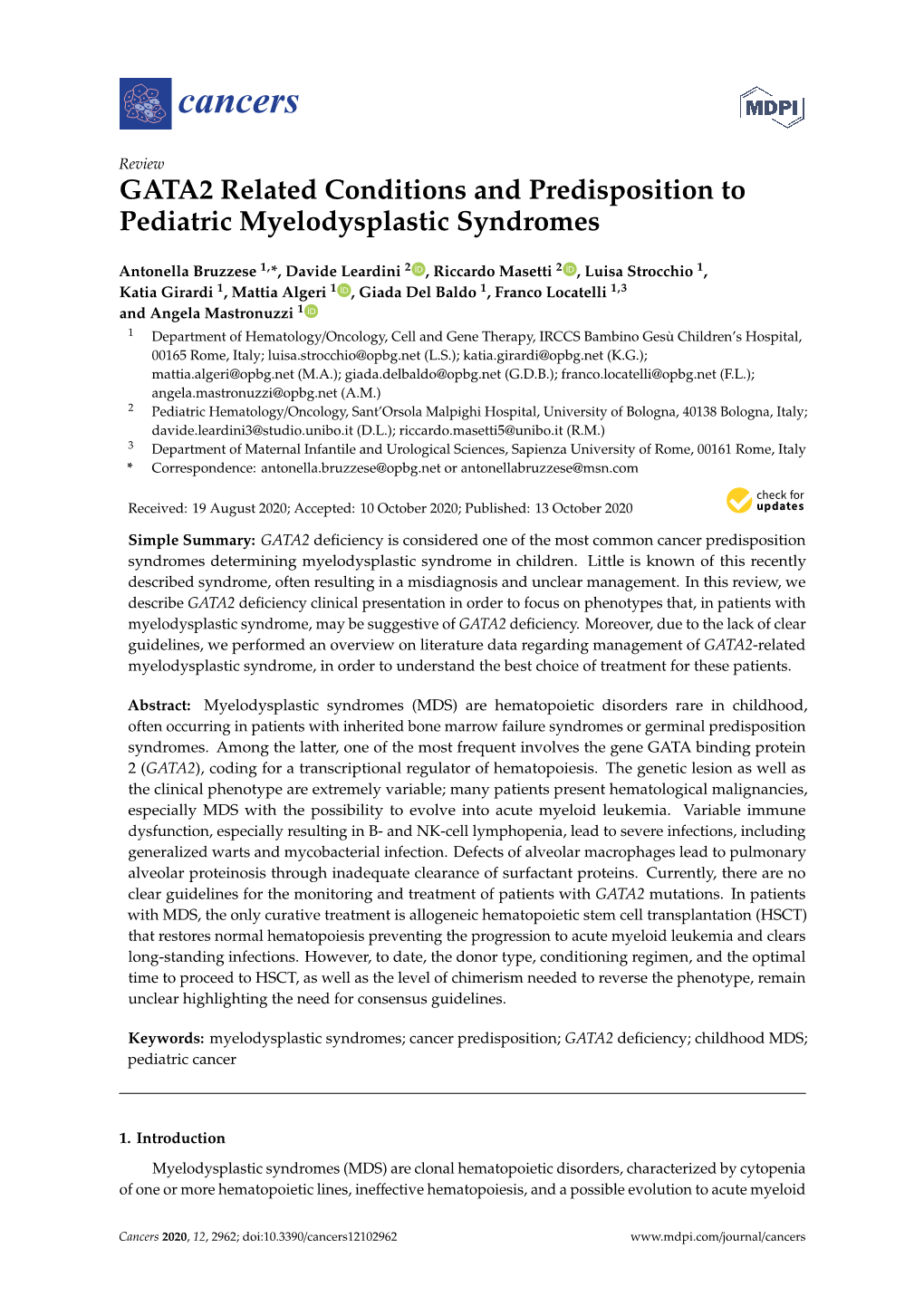 GATA2 Related Conditions and Predisposition to Pediatric Myelodysplastic Syndromes