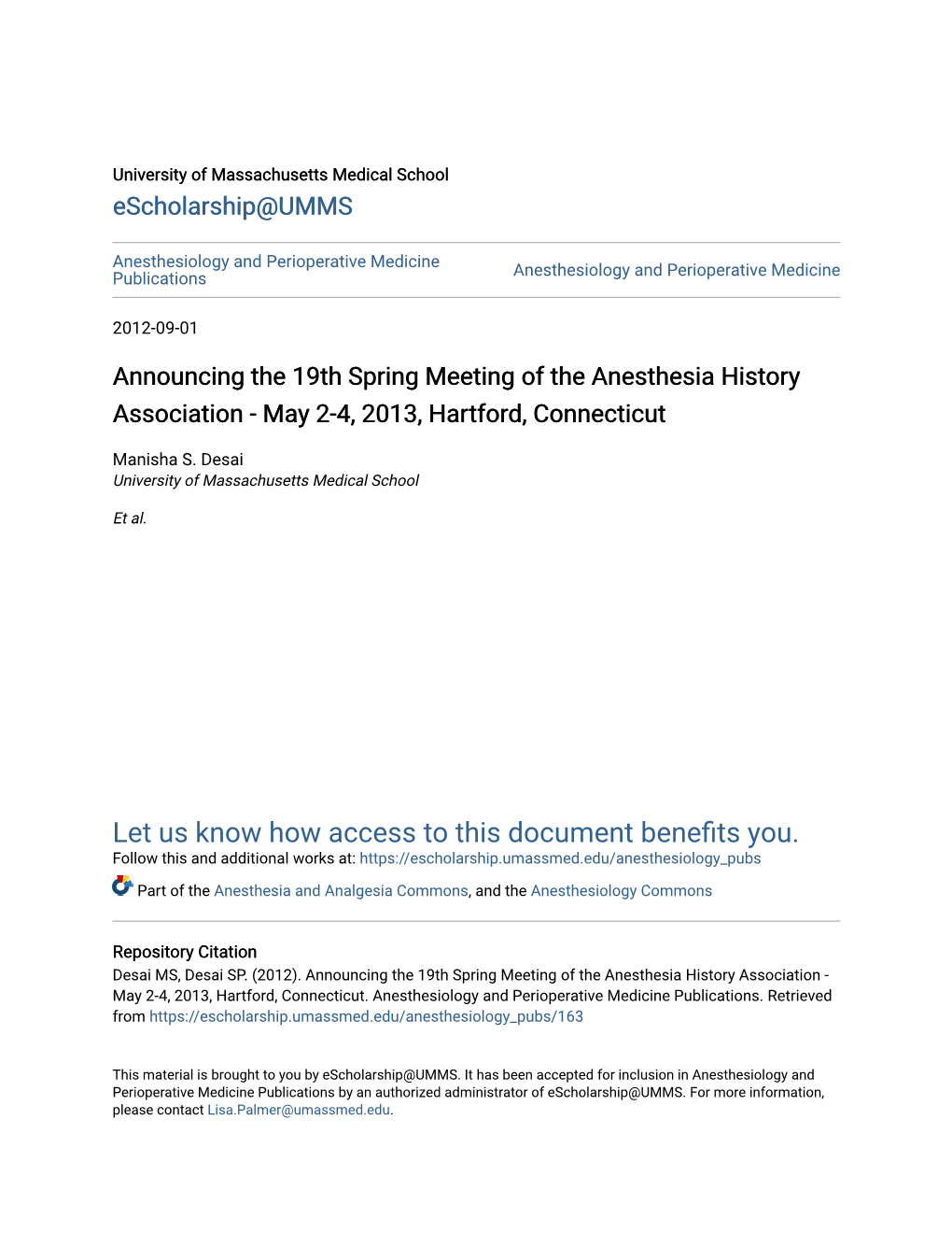 Announcing the 19Th Spring Meeting of the Anesthesia History Association - May 2-4, 2013, Hartford, Connecticut
