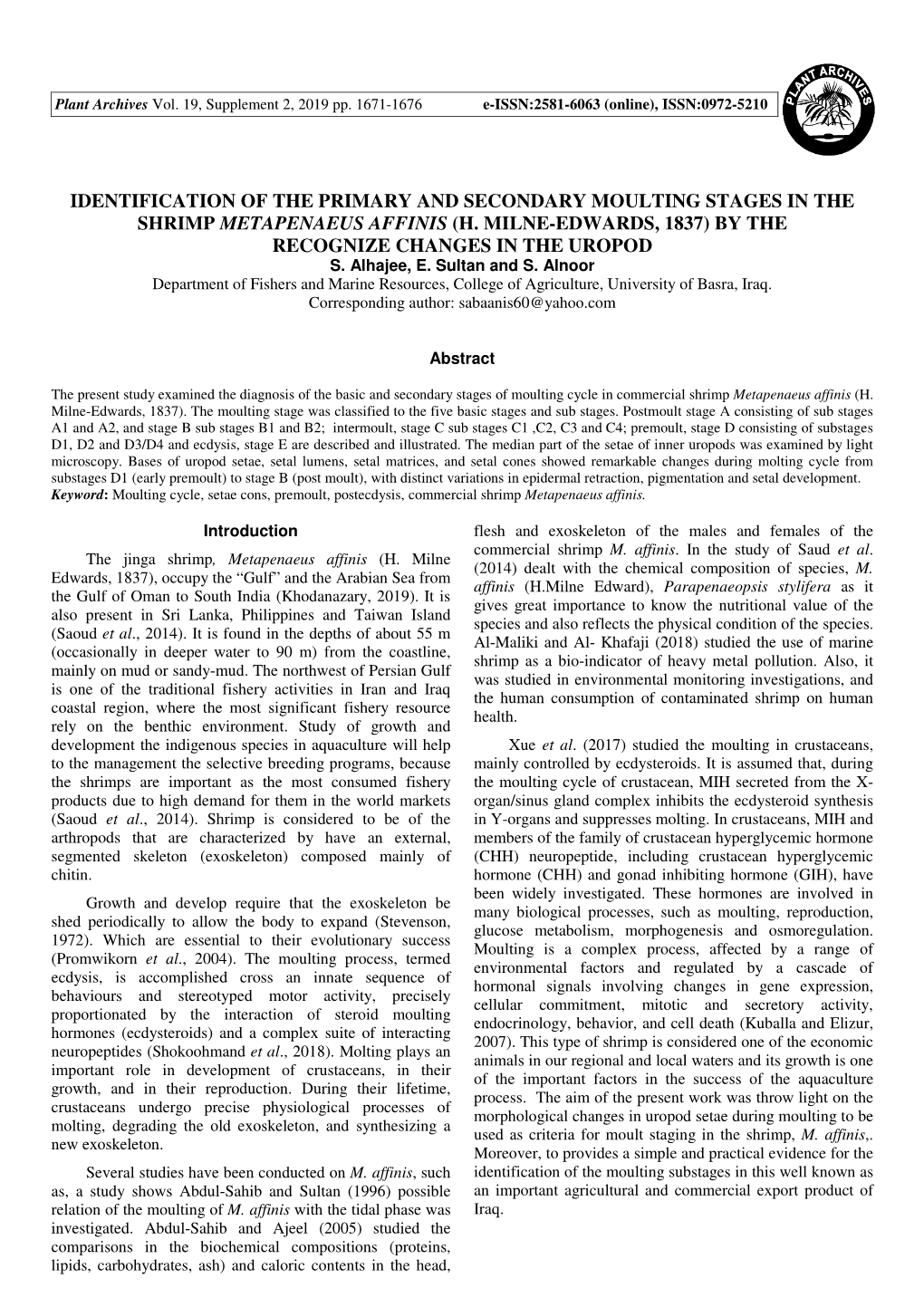 H. Milne-Edwards, 1837) by the Recognize Changes in the Uropod S